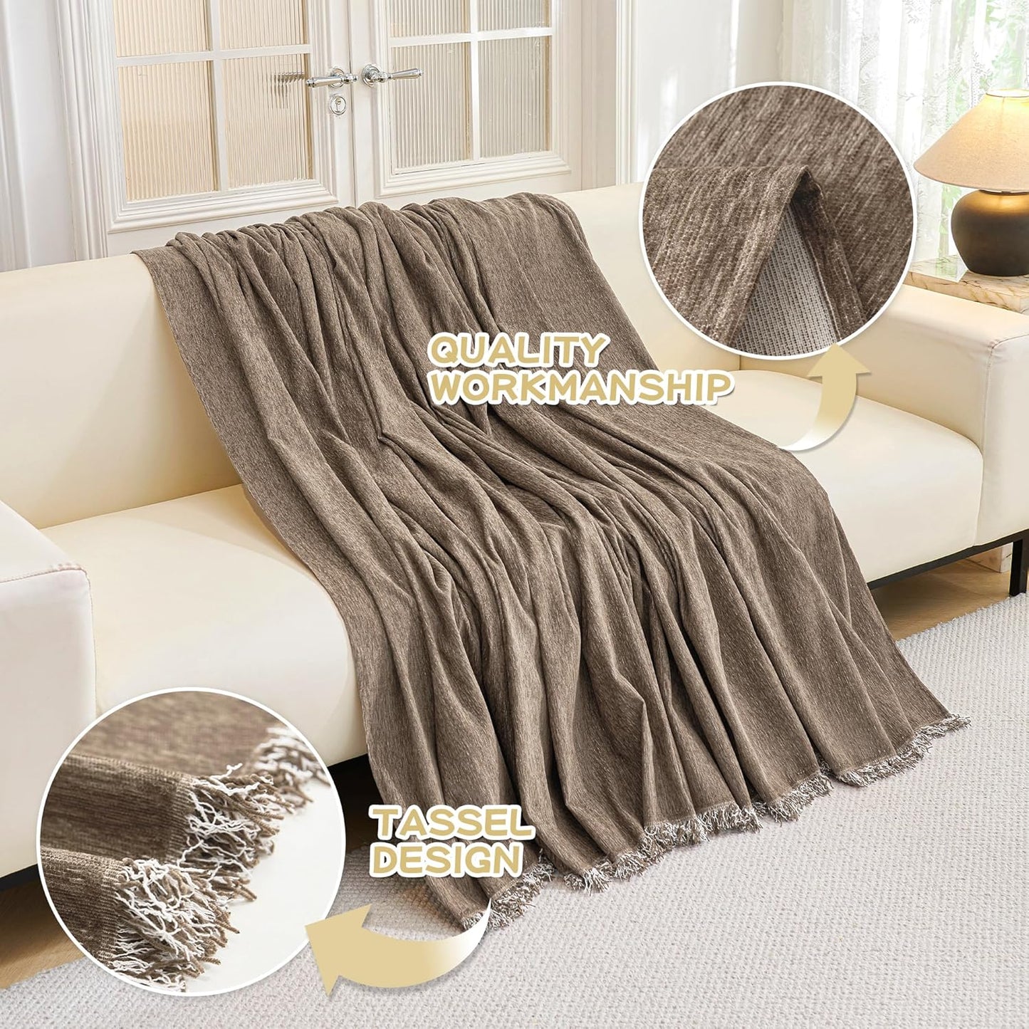 MYSKY HOME Couch Cover for Dogs Washable Couch Covers Couch Covers for Dogs Couch Cover 2 Cushion Sofa Non Slip Dogs Furniture Protector with Tassels Chenille Sofa Covers for Pets, 71"x102", Sand