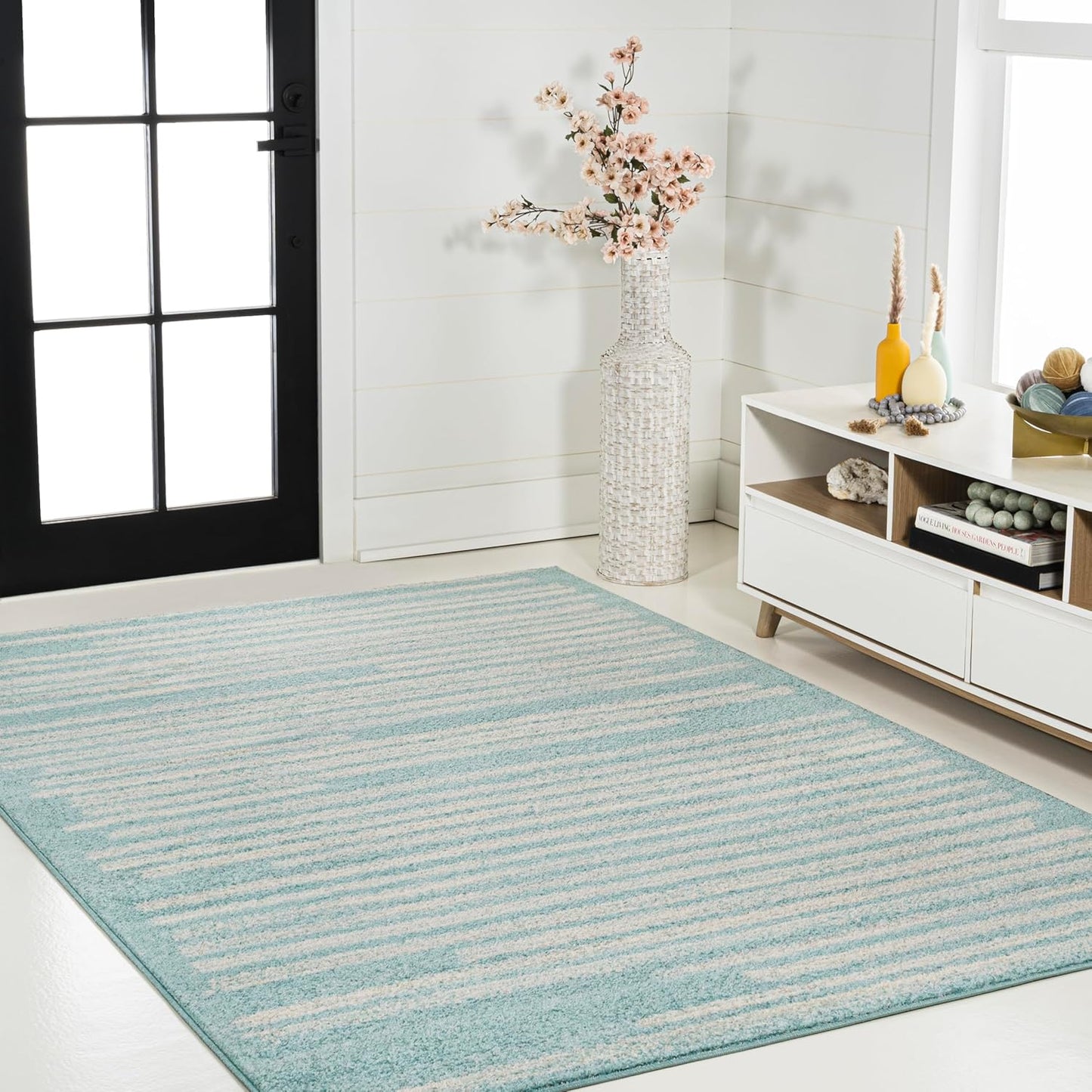 JONATHAN Y Khalil Modern Berber Stripe Turquoise/Cream Indoor Area Rug, 8x10, Contemporary, Bohemian, Easy-Cleaning for Living Room, Bedroom, Kitchen, Pet Friendly, Non-Shedding (MOH207D-8)