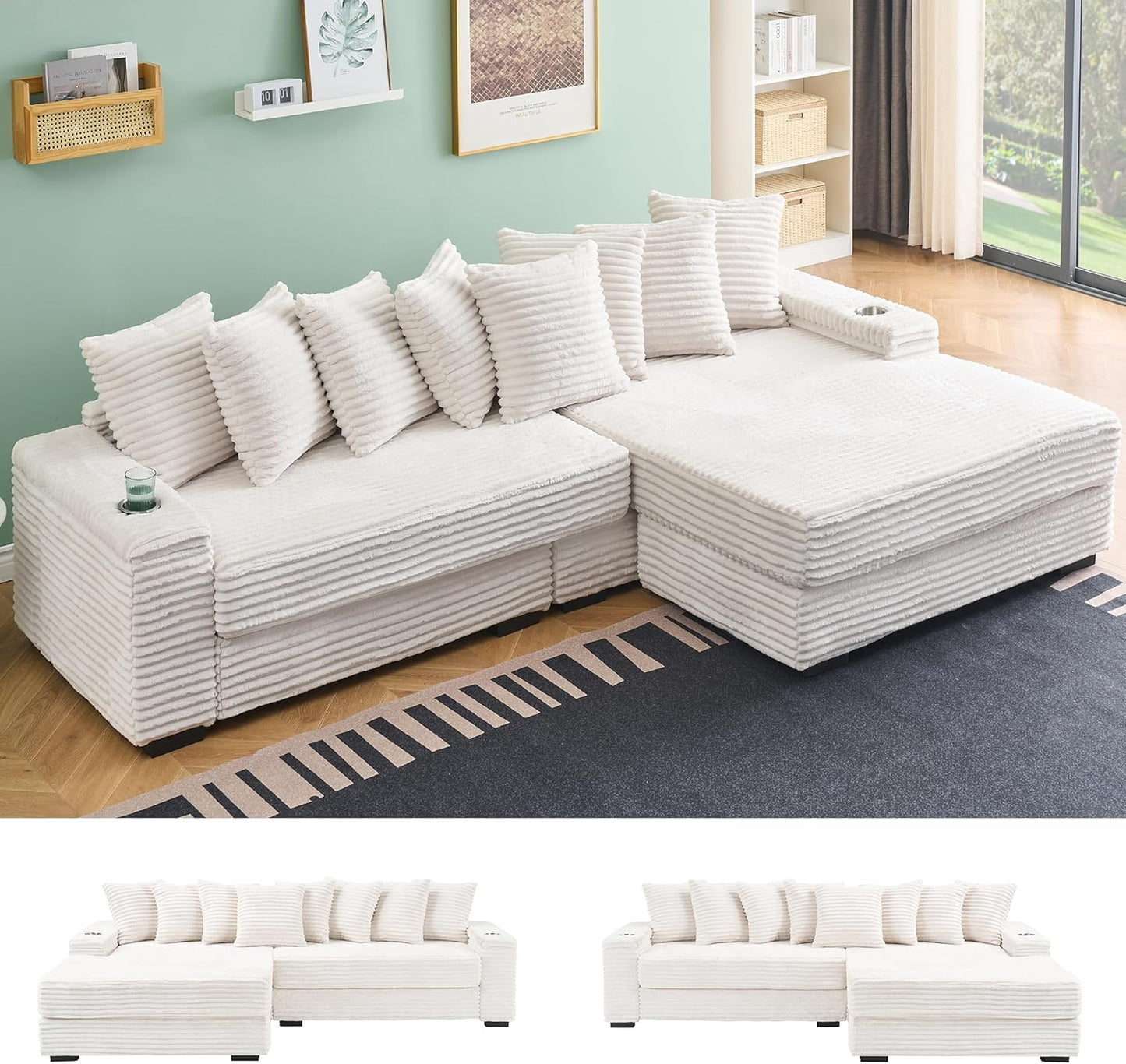 KEIKI 114" Corduroy Sofa with Cup Holders & Storage, L Shaped Sleeper Cloud Couch Set w/Reversible Chaise Lounge, Living Room Oversized Upholstered SofaBed for Apartment, Easy Assembly, Beige