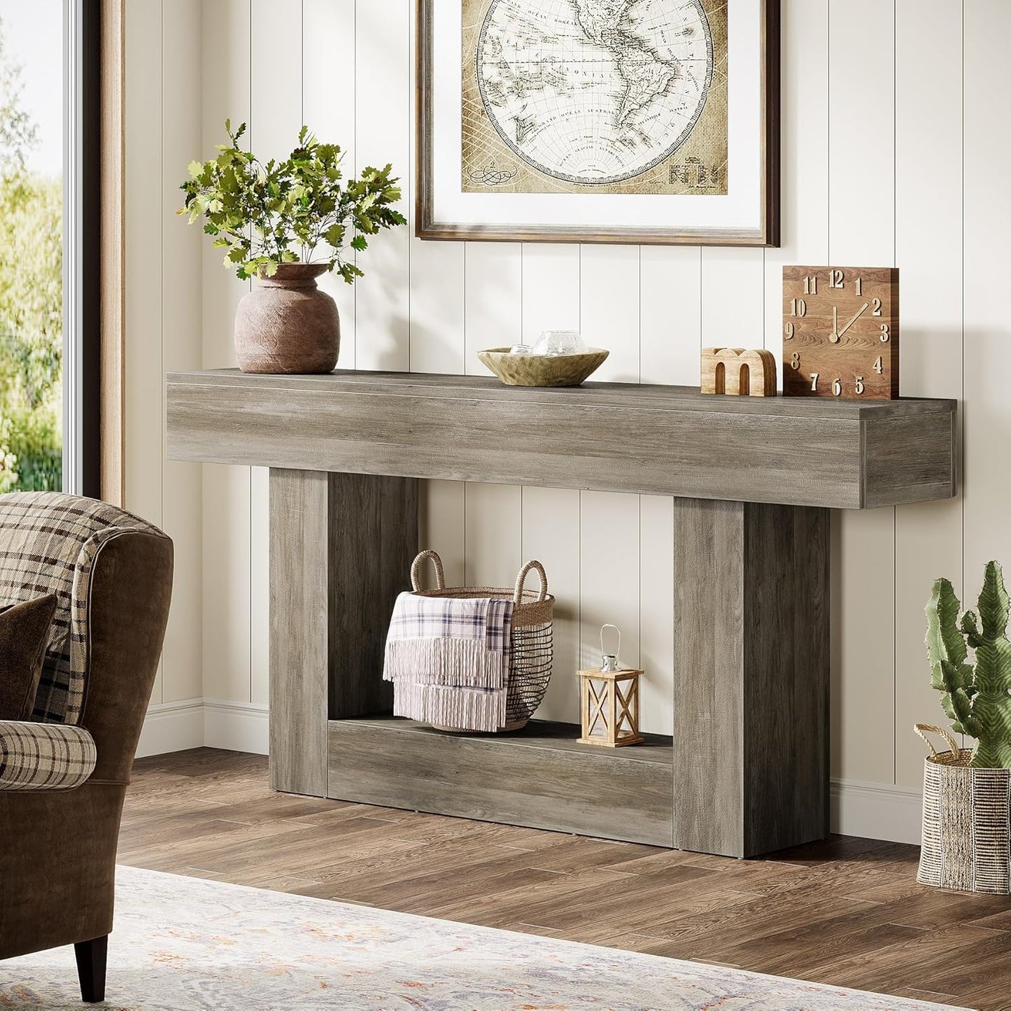 Tribesigns 63" Console Table, Farmhouse 2-Tier Entryway Table with U-Shaped Base, Narrow Long Wood Sofa Table Behind Couch Table for Living Room, Hallway, Foyer, Light Gray