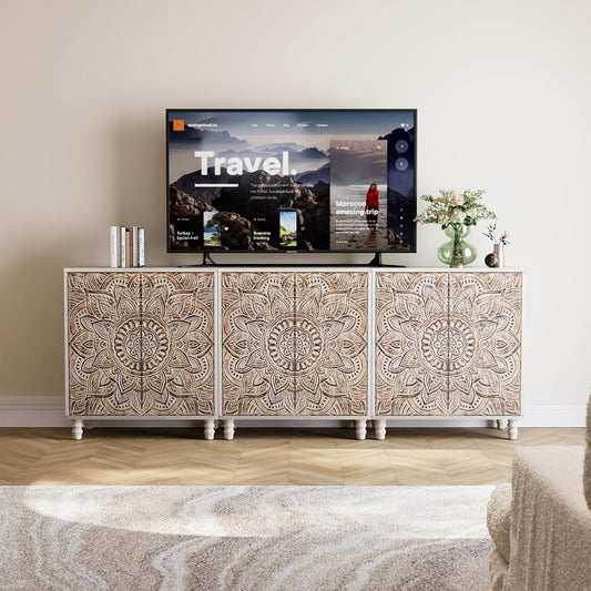 COSIEST Set of 3 32" Accent Storage Cabinets, Vintage Lotus Pattern Sideboards with Push-to-Open Doors, Carved Wood Buffet Table for Entryway, Kitchen, Living Room, Gray