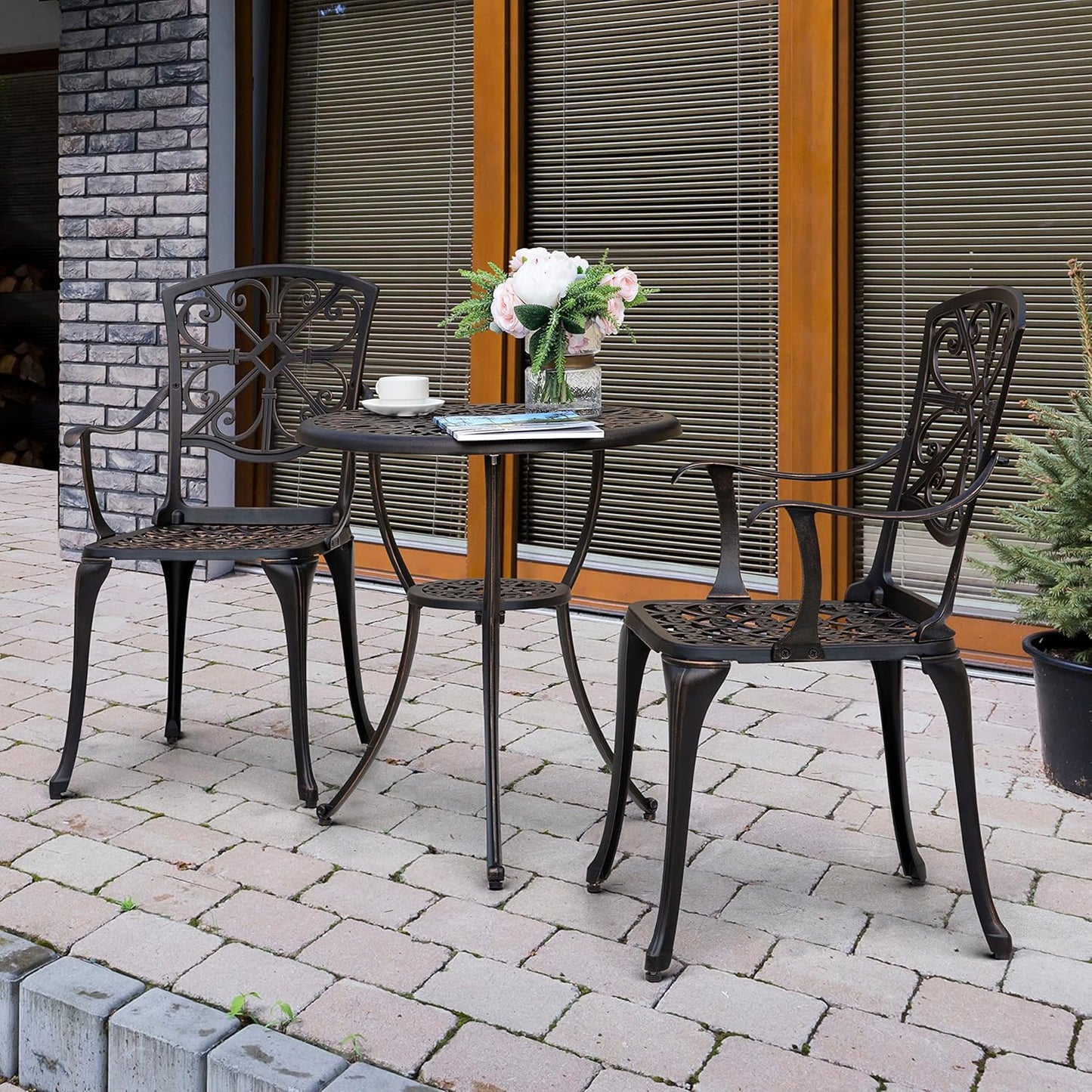 NUU GARDEN Bistro Set 3 Piece Outdoor All Weather Cast Aluminum Patio Bistro Set Patio Table and Chairs Set of 2 with Umbrella Hole for Backyard, Balcony, Front Porch, Lawn, Pool, Bronzer