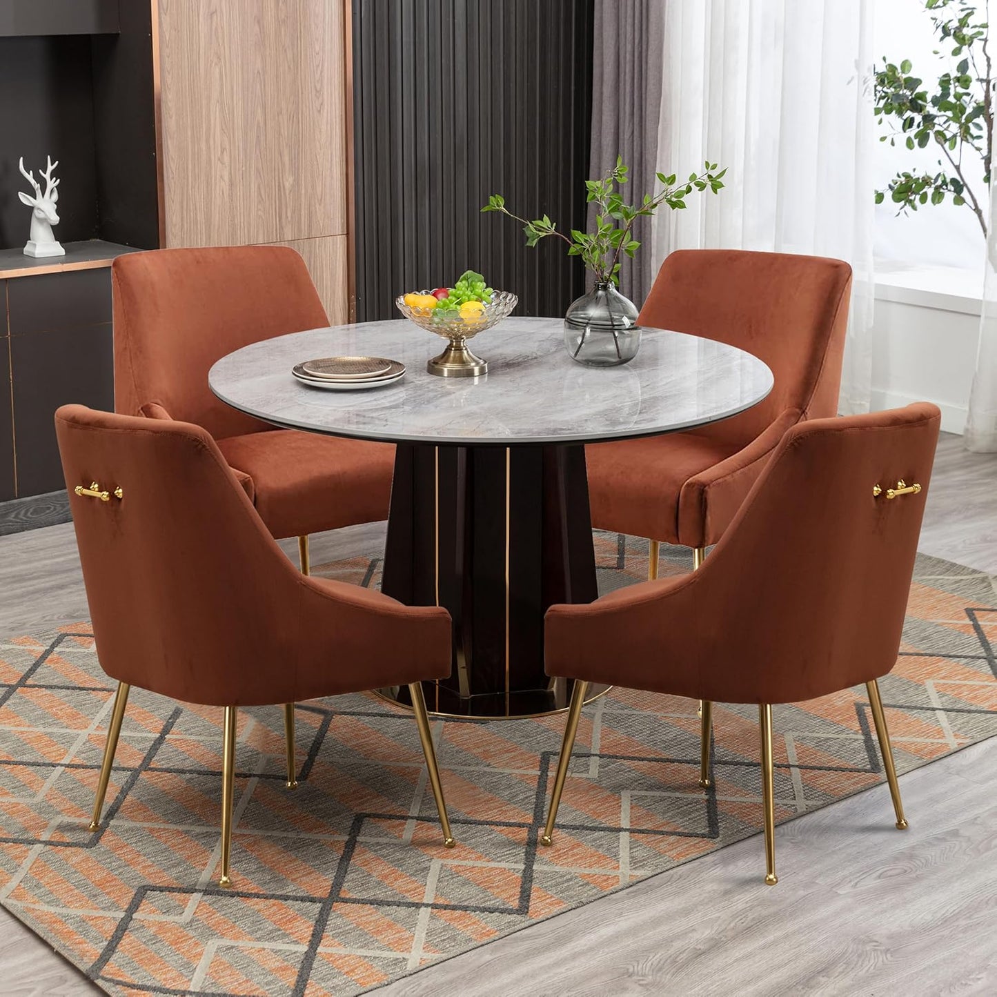 Modern Velvet Dining Chairs Set of 6, Contemporary Upholstered Furniture Collection with Polished Gold Metal Legs, Elegant Accent Chairs for Kitchen Living Room(Brown)