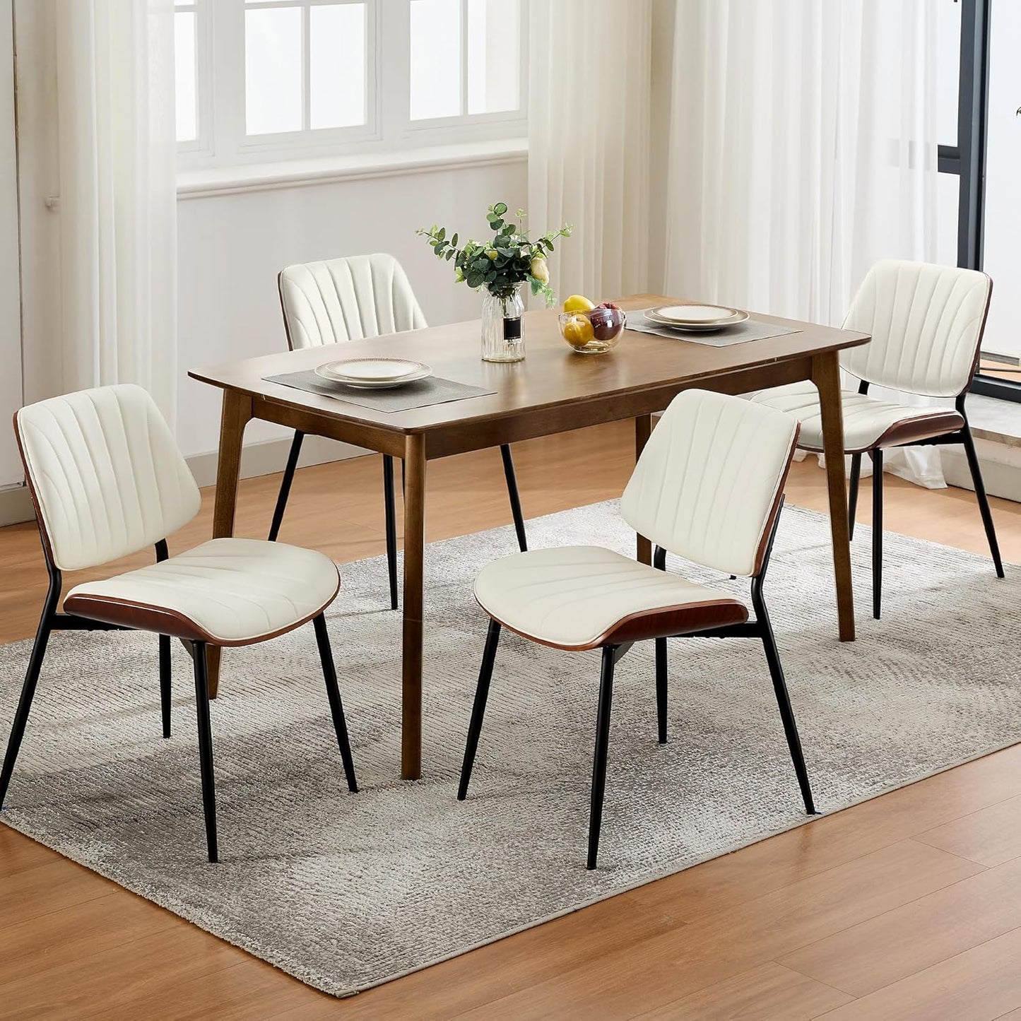 Dining Chairs Set of 2 - Mid Century Modern Upholstered Retro PU Leather Kitchen Chairs with Walnut Bentwood Back and Metal Legs for Dining Room and Kitchen, White Shell Strips