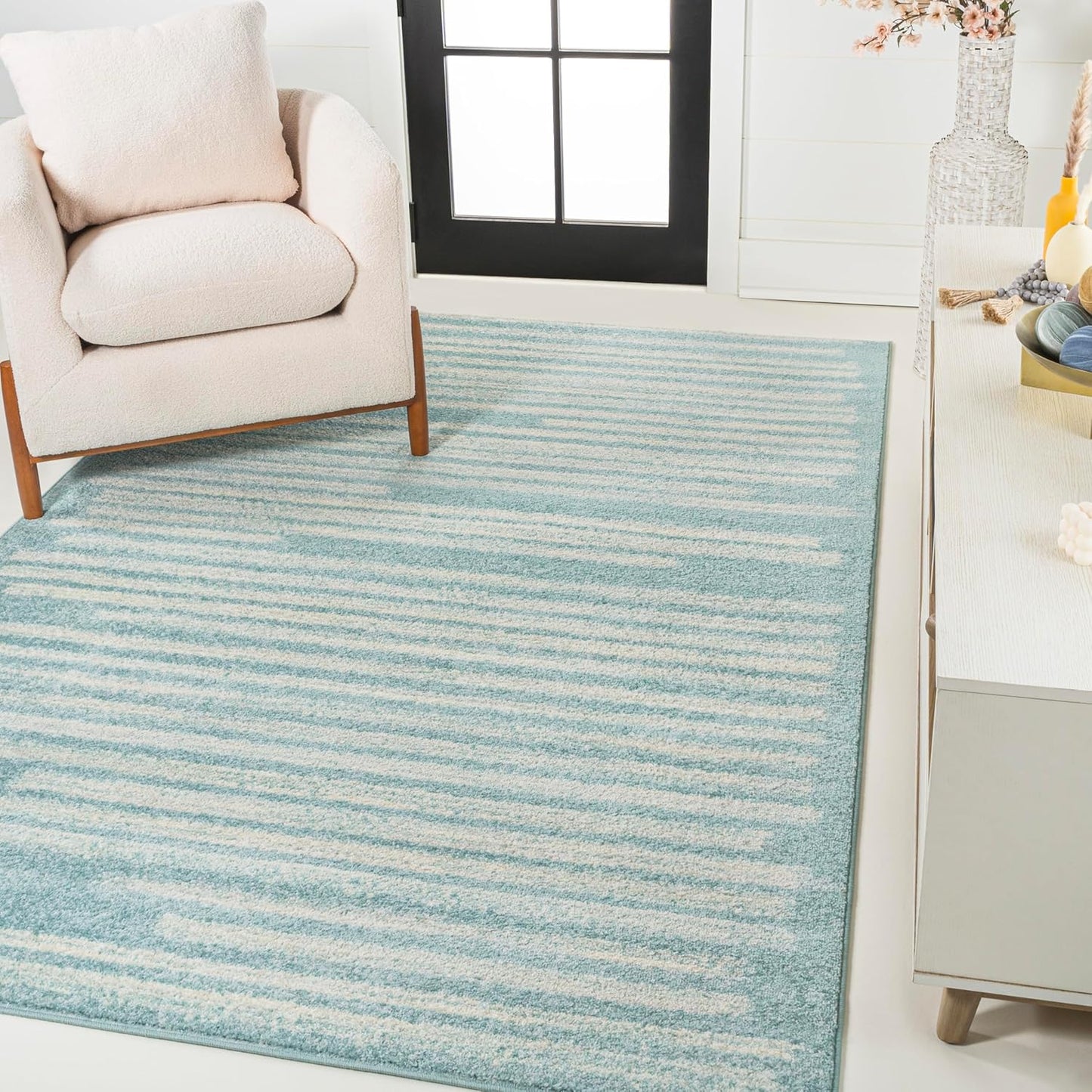 JONATHAN Y Khalil Modern Berber Stripe Turquoise/Cream Indoor Area Rug, 3x5, Contemporary, Bohemian, Easy-Cleaning for Living Room, Bedroom, Kitchen, Pet Friendly, Non-Shedding (MOH207D-3)