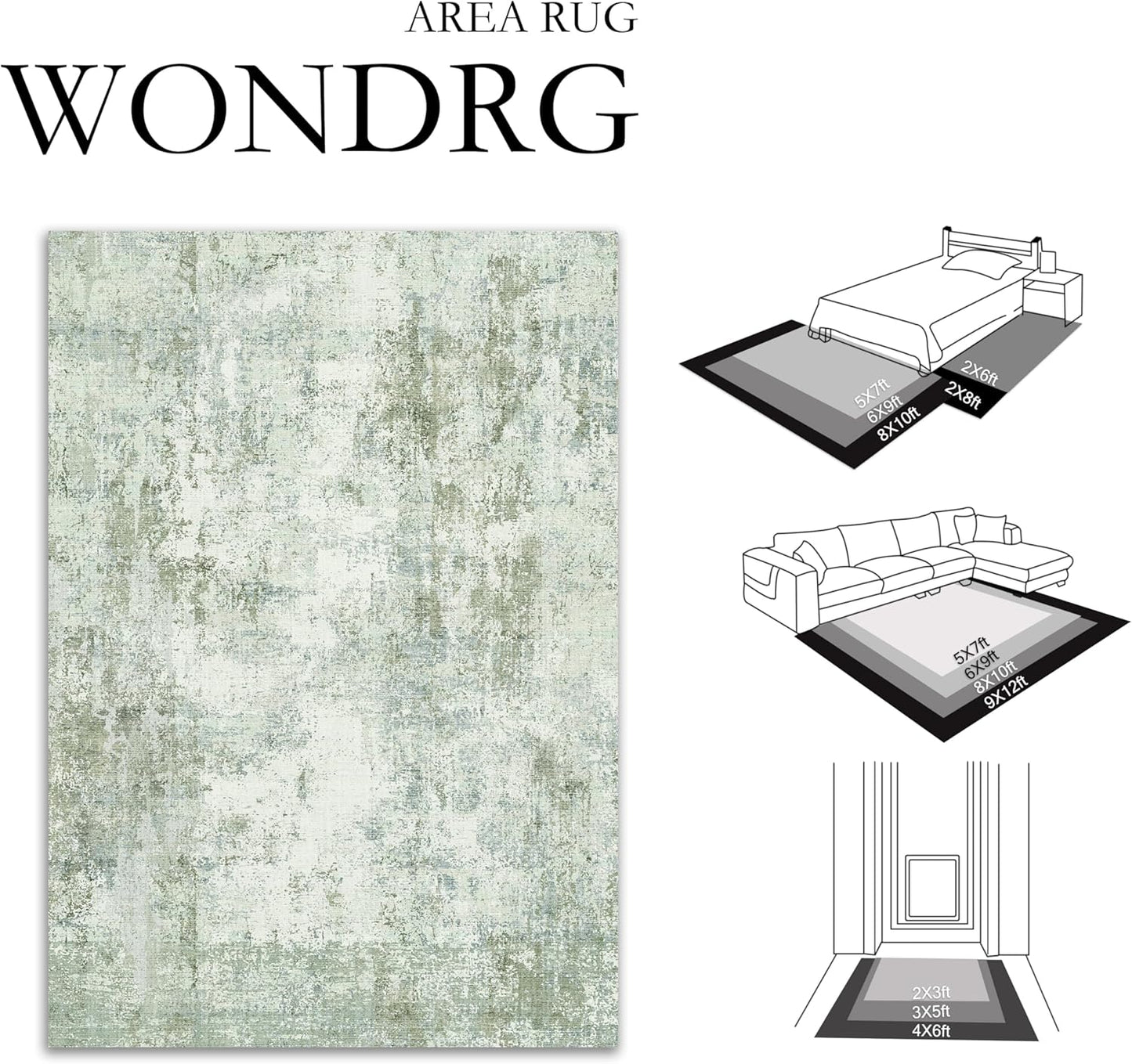 6x9 Washable Area Rug Green Modern Neutral Abstract Living Room Bedroom Indoor Floor Carpet Low Pile Soft Non-Slip Lightweight Vacuumable Throw Rug for Nursery Dining Room Office