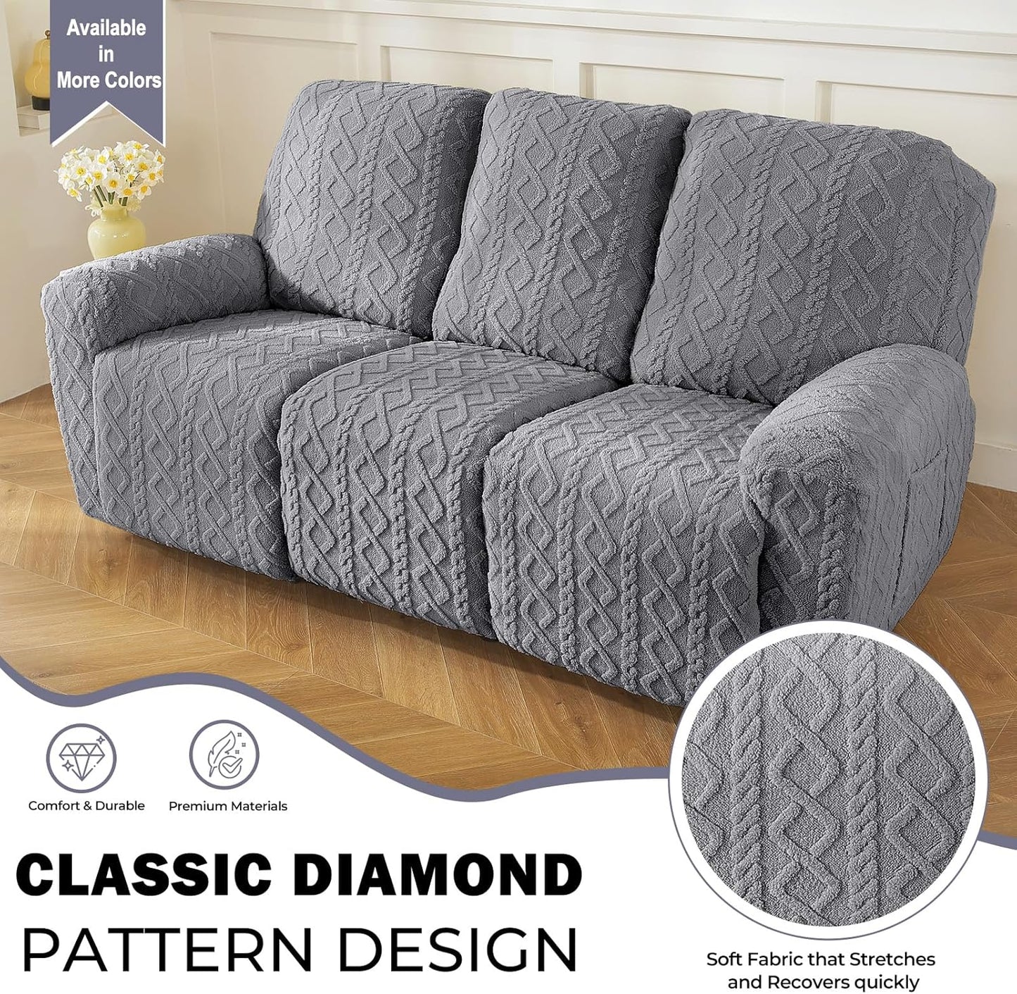 vctops 8 Pieces Geometric Jacquard Plush Recliner Sofa Covers Soft Fuzzy Fluffy 3 Seats Couch Cover Anti-Slip Sofa Slipcover Furniture Protector with Elastic Bottom for Kids Pet(Grey,3 Seat)