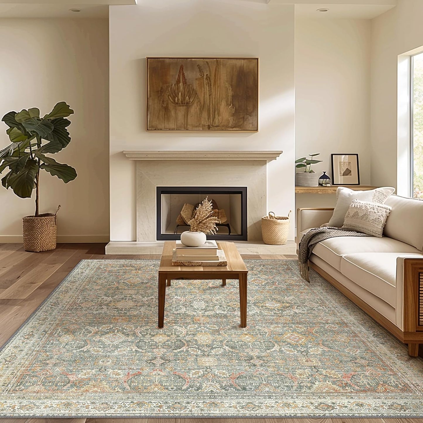 3X5 Area Rugs Machine Washable Rugs for Living Room, Vintage Boho Large Rugs for Bedroom Dining Room, Non Slip Indoor Soft Distressed Lightweight Thin Low Pile Carpet, Turmeric