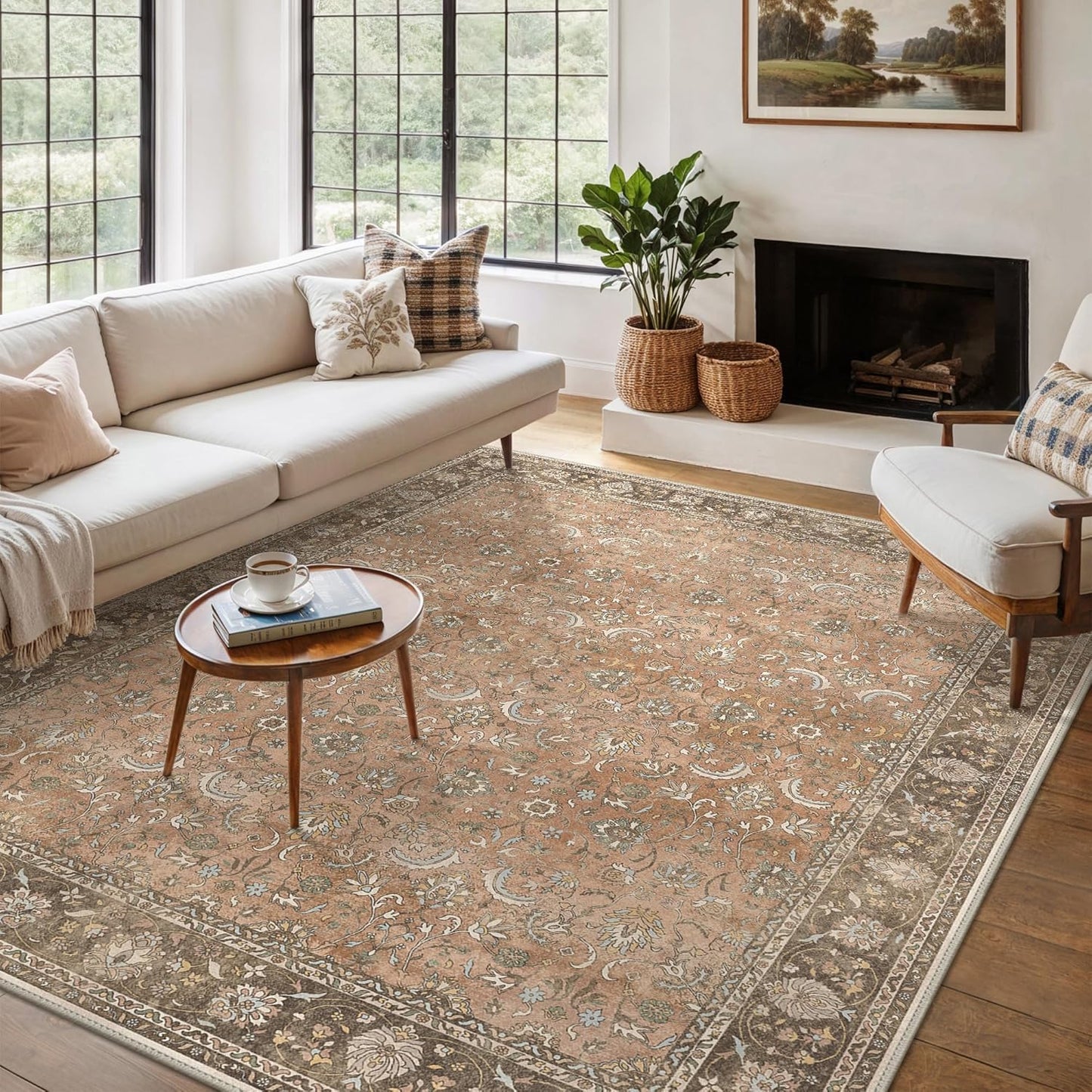 8X10 Area Rugs Machine Washable Rugs for Living Room, Vintage Boho Large Rugs for Bedroom Dining Room, Non Slip Indoor Soft Distressed Lightweight Thin Low Pile Carpet, Chestnut