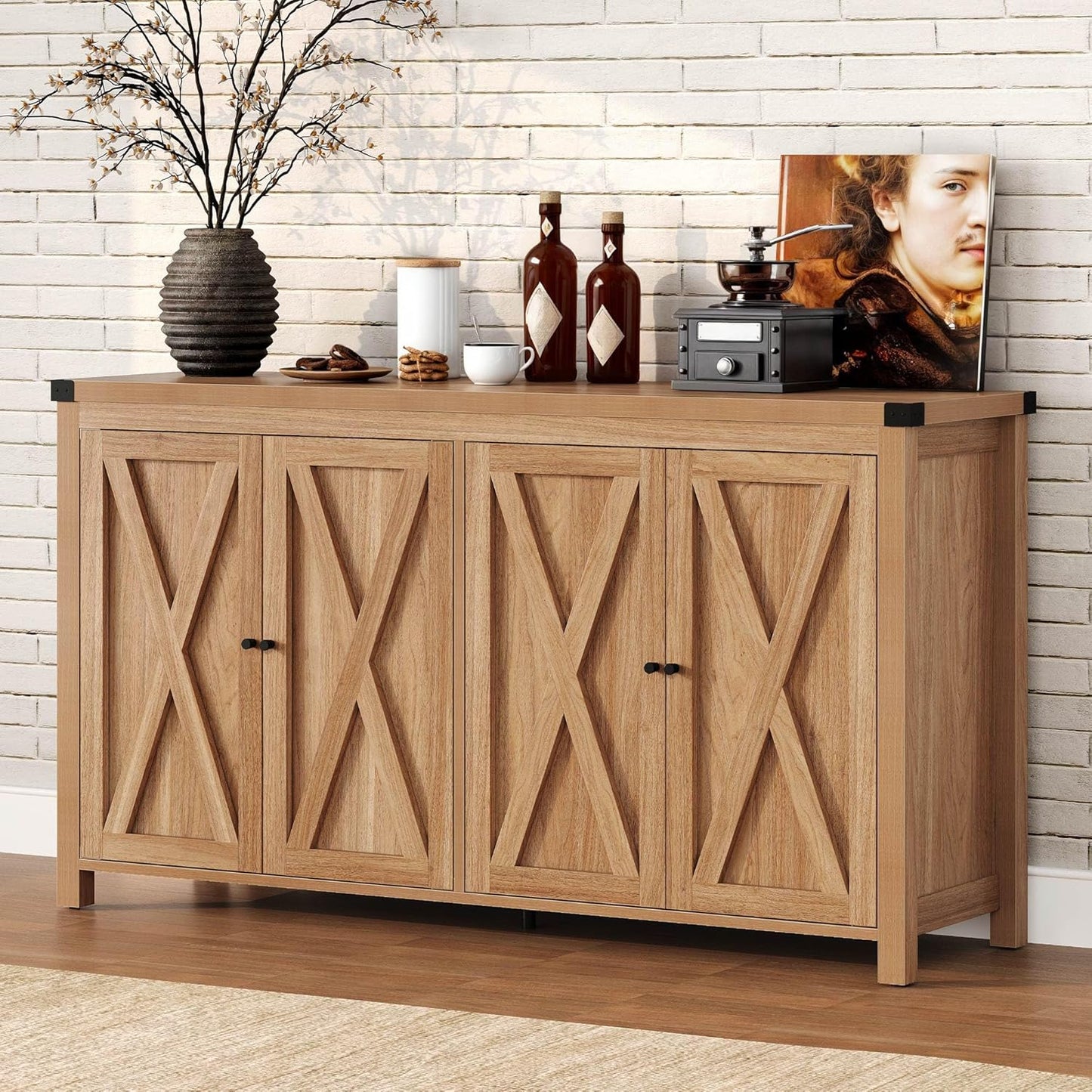 DWVO 55'' Sideboard Buffet Cabinet with Storage, Farmhouse Kitchen Storage Cabinet with Doors, Large Coffee Bar Cabinets with Adjustable Shelves for Kitchen, Living Room, Oak