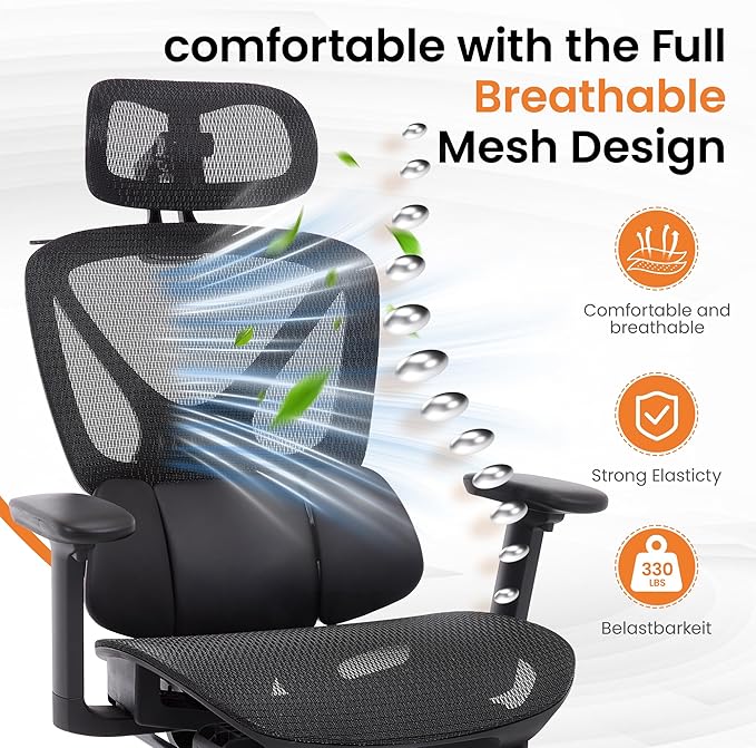 LuxErgo Ergonomic Mesh Office Chair High Back Mesh Computer Executive Desk Chair Home Office Chair with Adjustable Lumbar Support for Office/Gaming/Study, Freely Tilt Lock, Flip-Up Headrest & Armrests