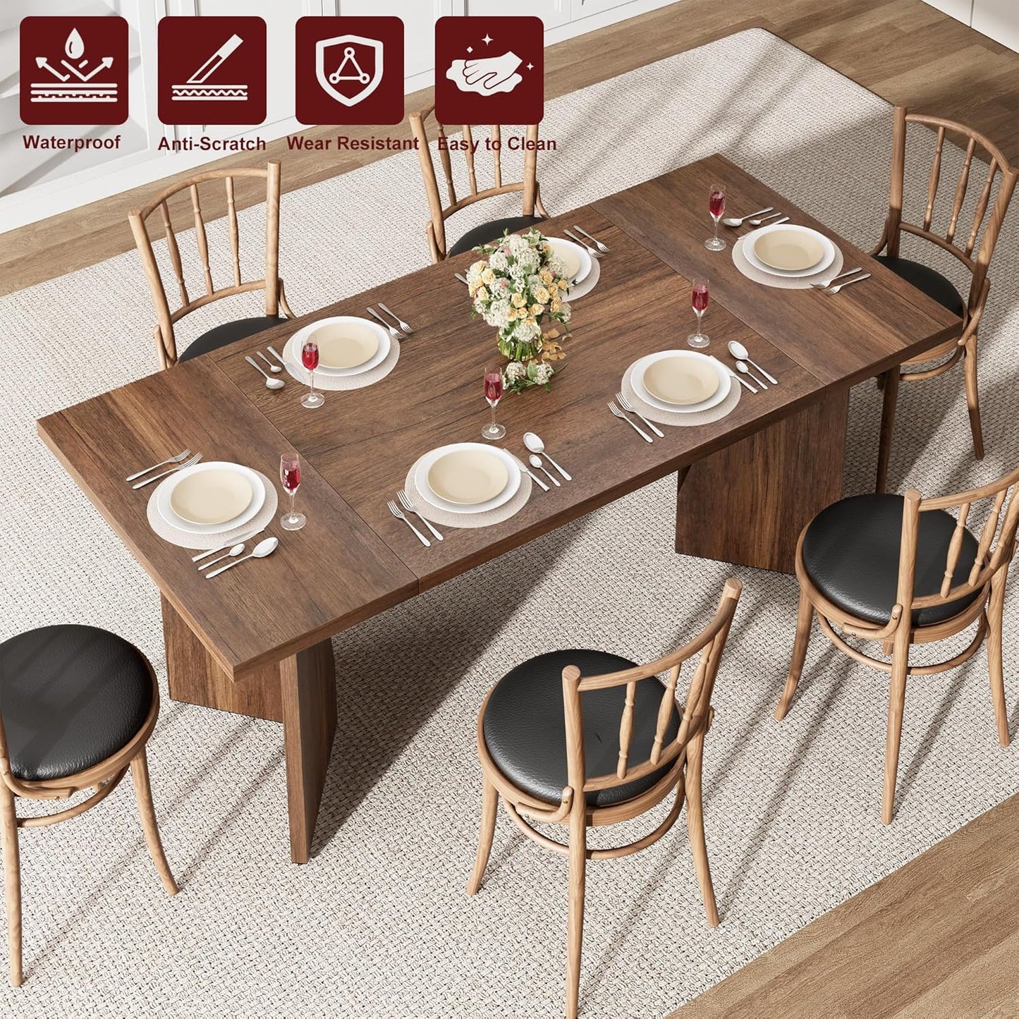 GarveeHome Dining Room Table 6, 71 Inch Rectangular Kitchen Table Dining Room Furniture with Sturdy Frame, Thickened Long Tabledesk and Dinner Desk for Party, Big Family, v-Cut Leg(Retro)