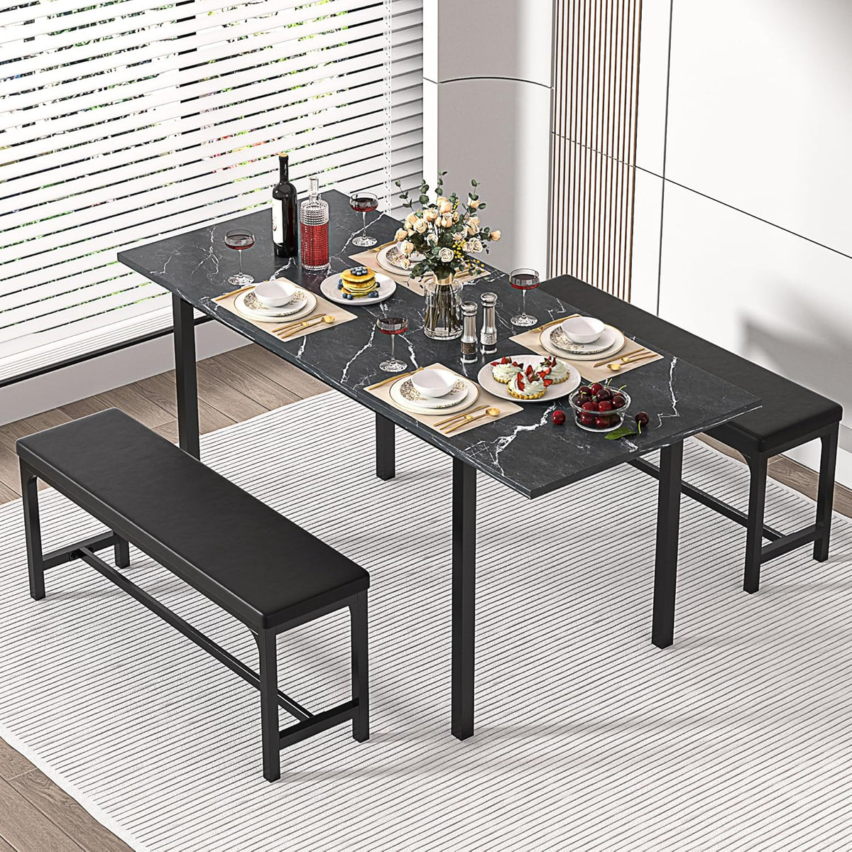 VECELO 3-Piece 63" Extendable Kitchen Table with Benches/Chairs, Modern Breakfast Dinette/Dining Room Set for 4/6/2, Small Space Saving Design, Easy Assembly