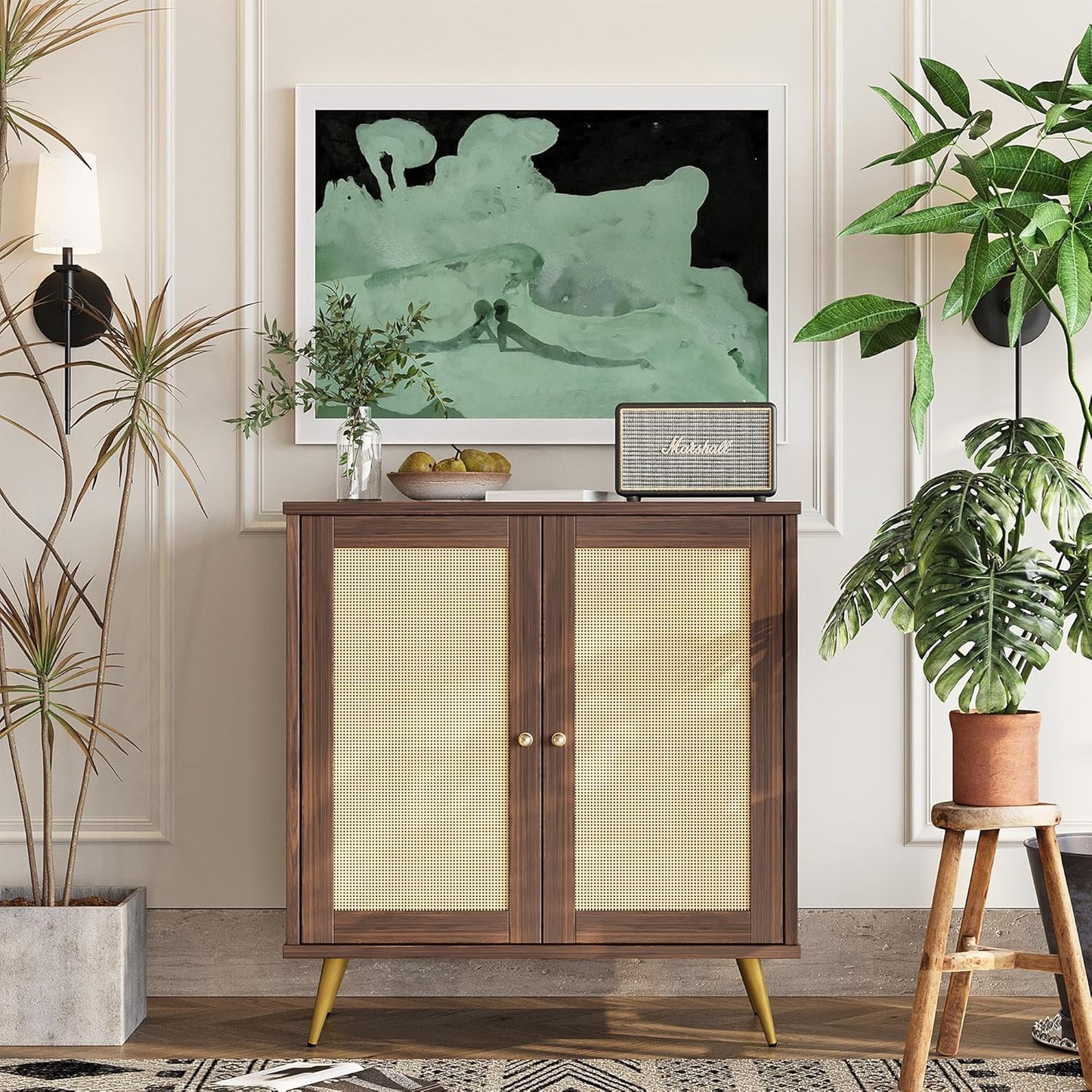 Shintenchi Rattan Buffet Cabinet with Storage, Sideboard Buffet Cabinet with Rattan Decor Doors, Modern Wood Cupboard for Kitchen Living Room Dining Room Hallway Entry,Brown