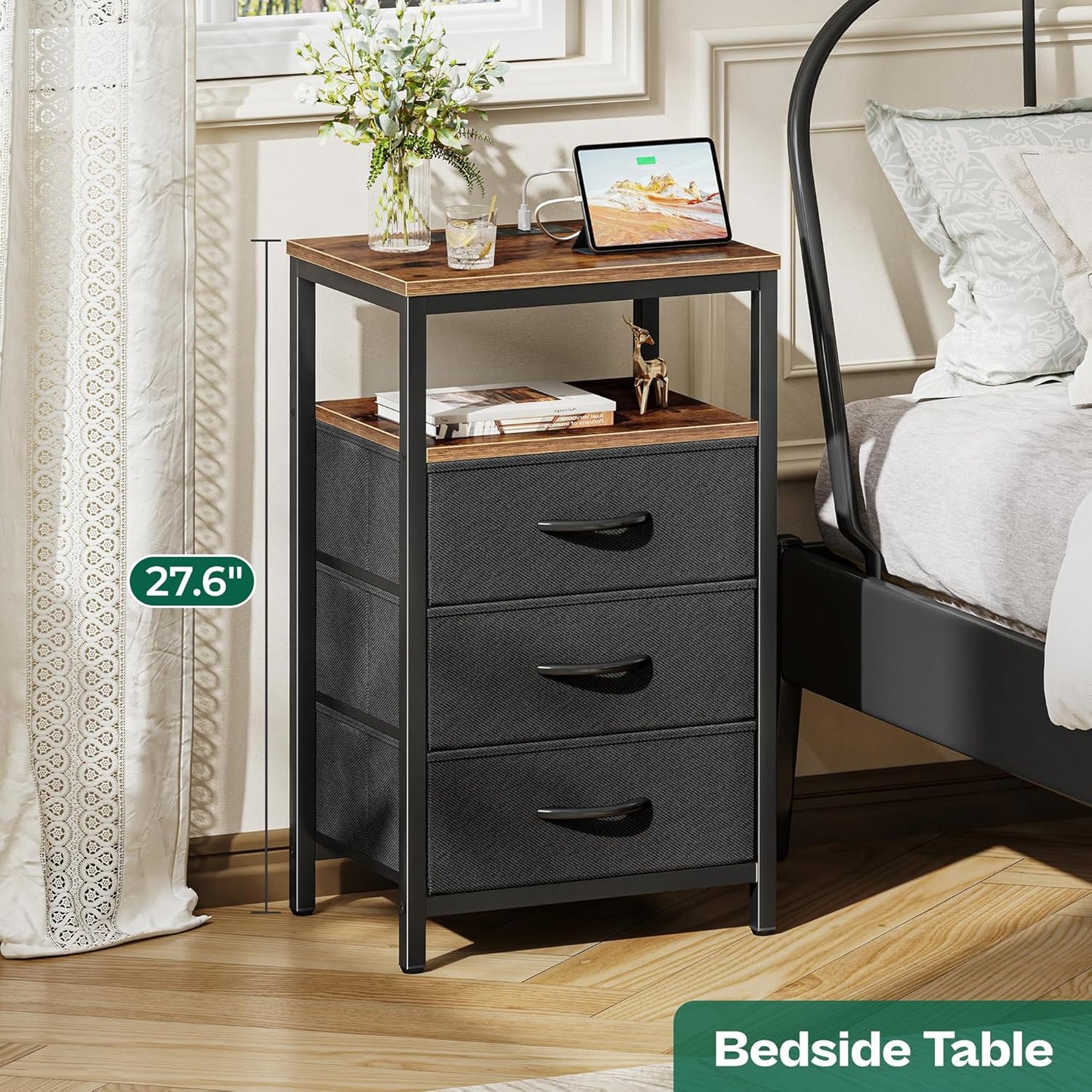 Huuger Nightstands Set of 2, 27.6 Inch End Tables with Charging Station, Fabric Drawers, Bedside Tables with USB-C Port and Outlet, Night Stands for Bedroom, Rustic Brown and Black