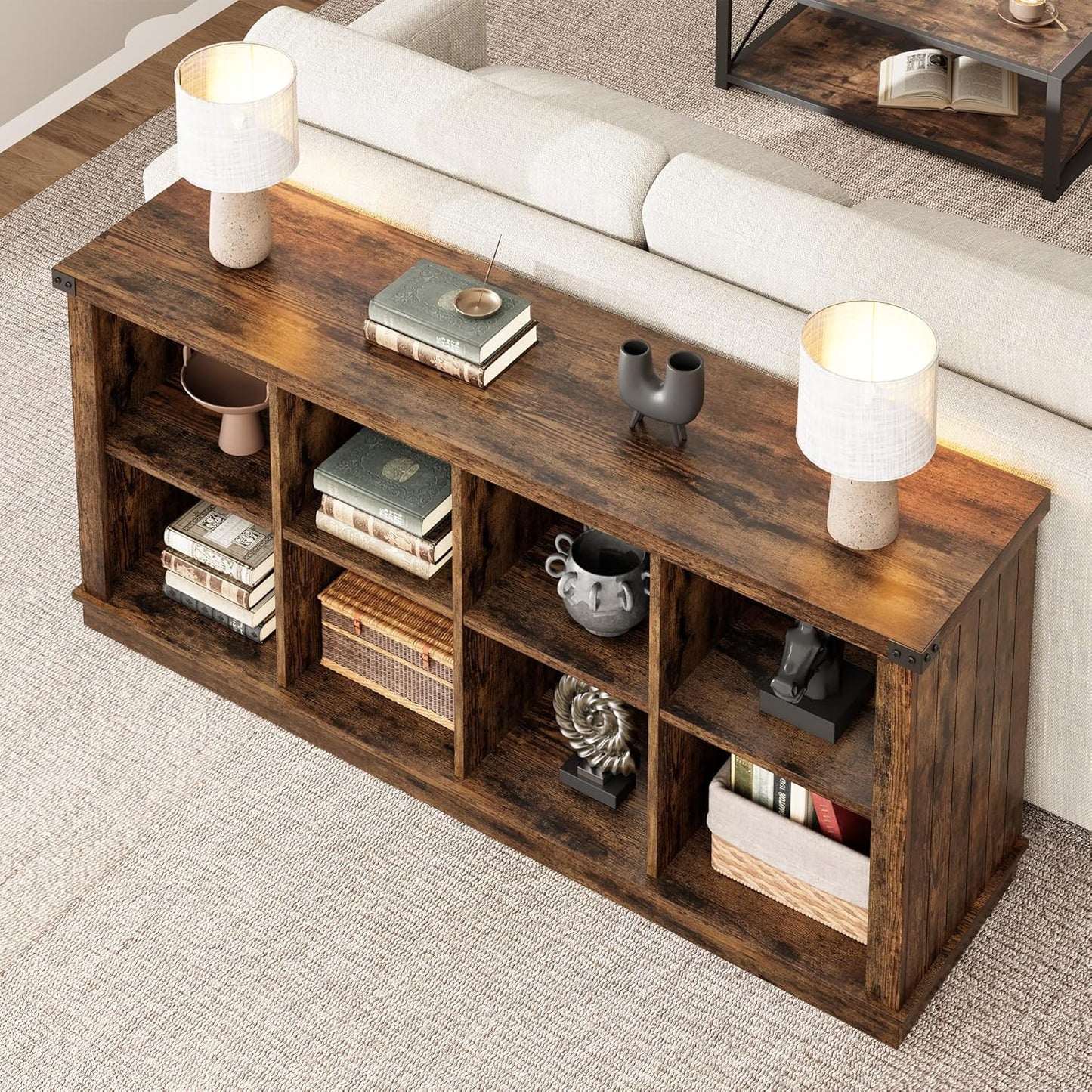 GarveeHome 8 Cube Storage Organizer Bookshelf, 3 Tier Farmhouse Horizontal Bookcase, 62 Inch Wood Storage Bookcase for Entryway, Long Low Bookshelves for Living Room-Retro Brown