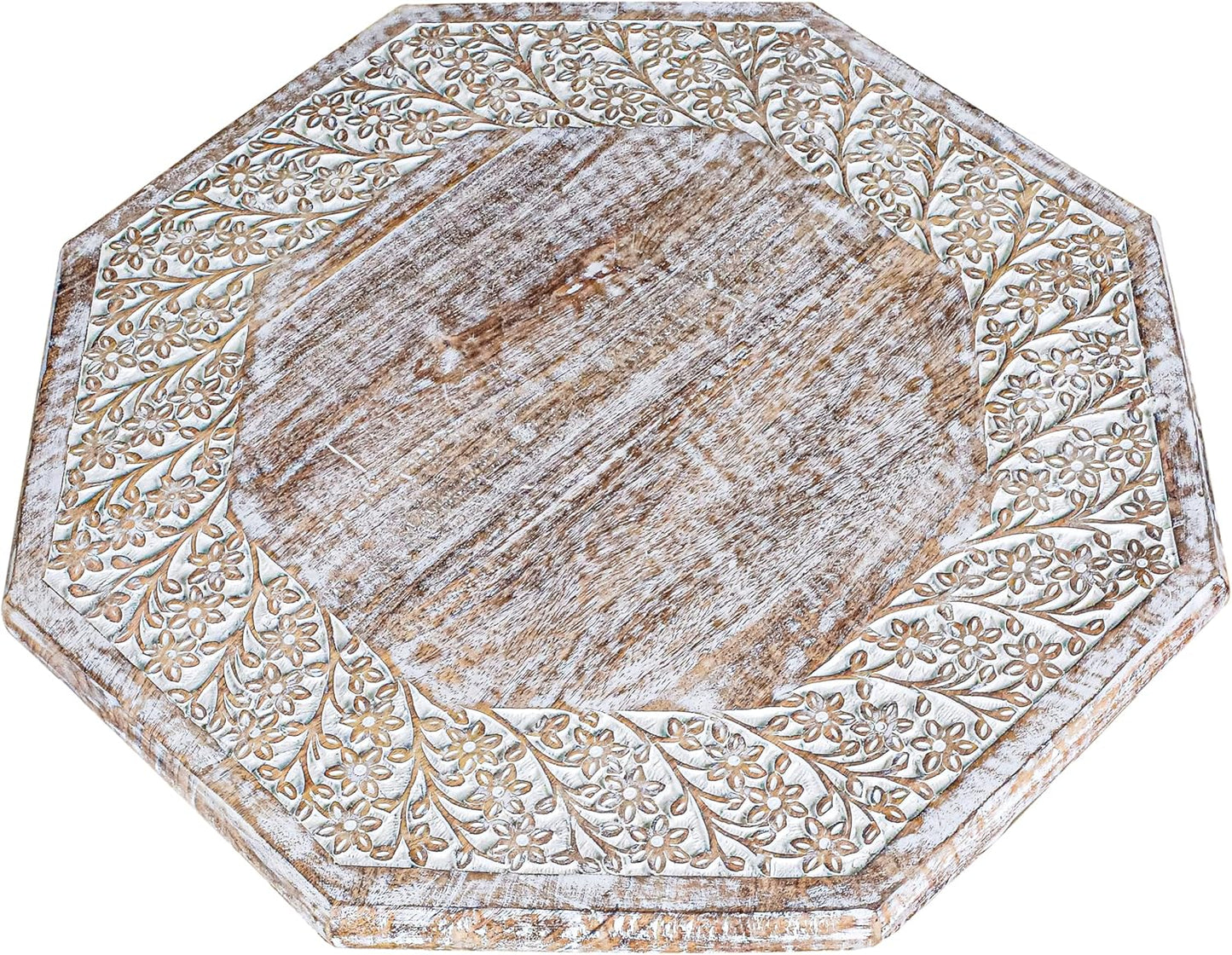 Farmhouse Carved Octagonal End Table – Rustic Accent Side Table with Hand Carved Floral Detailing, Portable Wood Tray Top, White Wash Finish, 24" Dai x 18" Height–Nightstand For Living Room,Bedroom