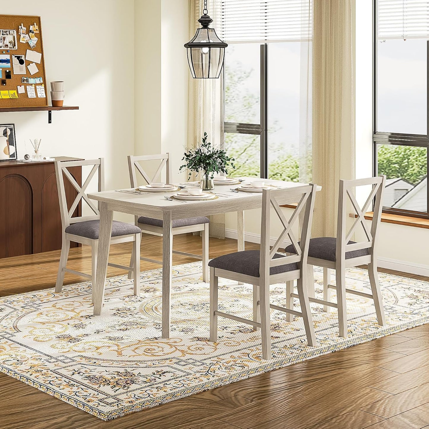 Solid Wood Dining Chairs Set of 2, Farmhouse Chairs with High Cross Back and Upholstered Seat, Easy Assembly for Dining Room, Kitchen, Washed Gray