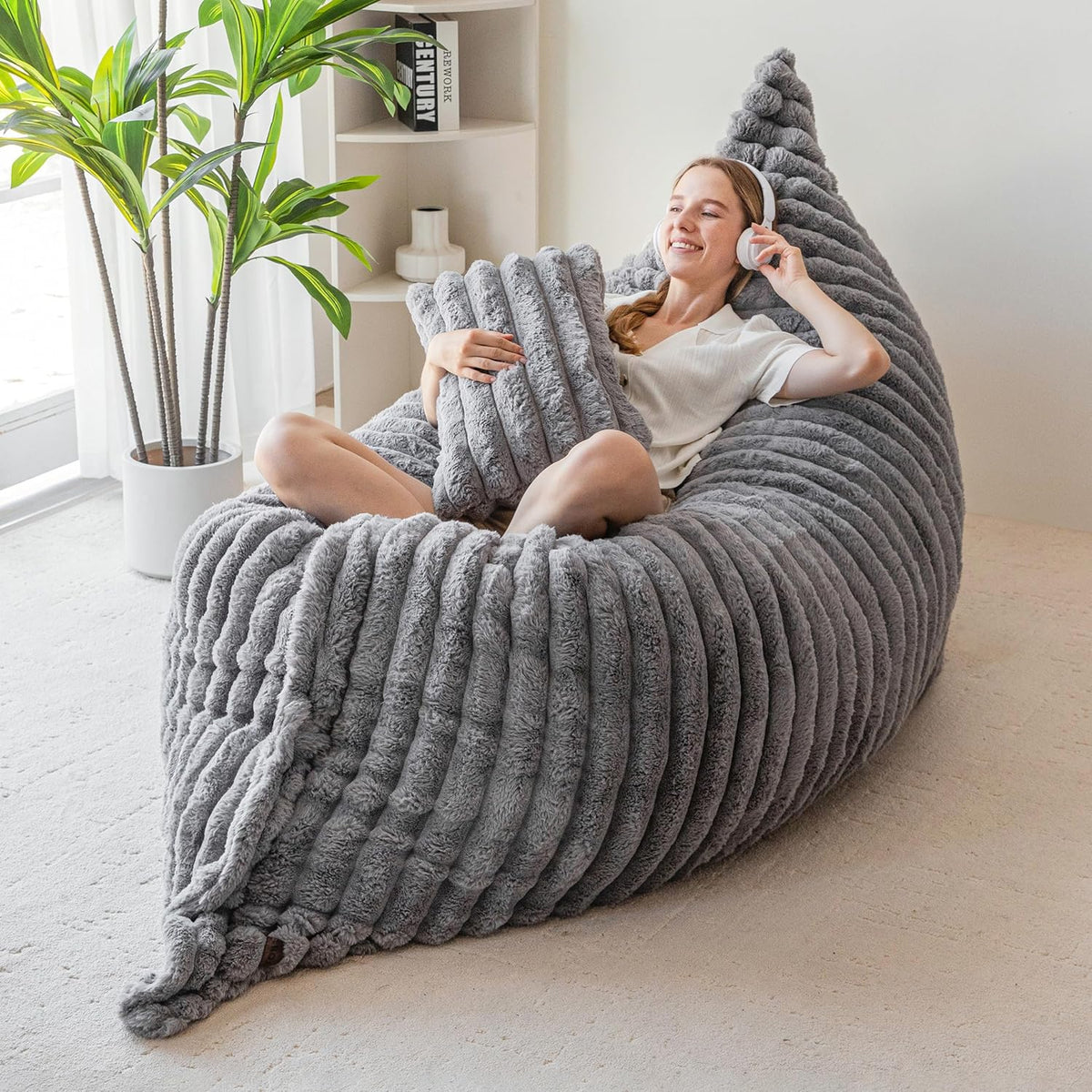MAXYOYO Giant Bean Bag Chair with Pillow, 3 in 1 Convertible Bean Bag Chair for Adults with Washable Cover, Removable Floor Cushion Stuffed Floor Lounger for Living Room Bedroom, Grey