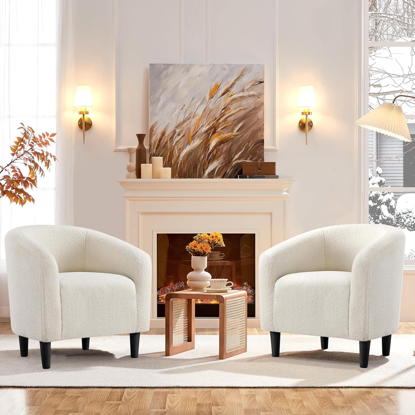 Yaheetech Accent Barrel Chair, Boucle Fabric Club Chair, Furry Sherpa Elegant Armchair with Cozy Soft Padded, Suitable for Living Room Bedroom Reception Room Office, Ivory