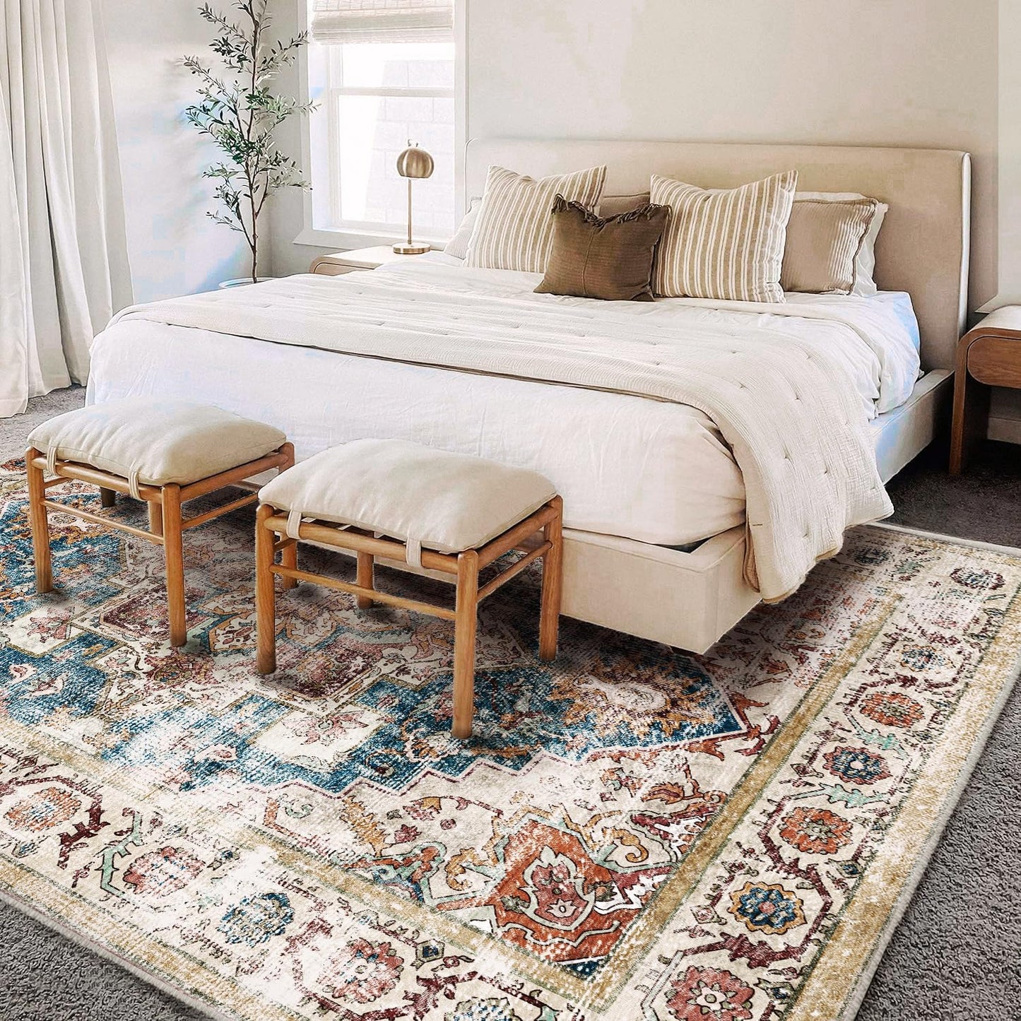 Washable Area Rug 10'x14' Beige Blue Boho Chic Medallion Distressed Design Non-Shedding Easy Care Ideal for High Traffic Areas in Living Room Bedroom Office Coffee Table Large Carpet