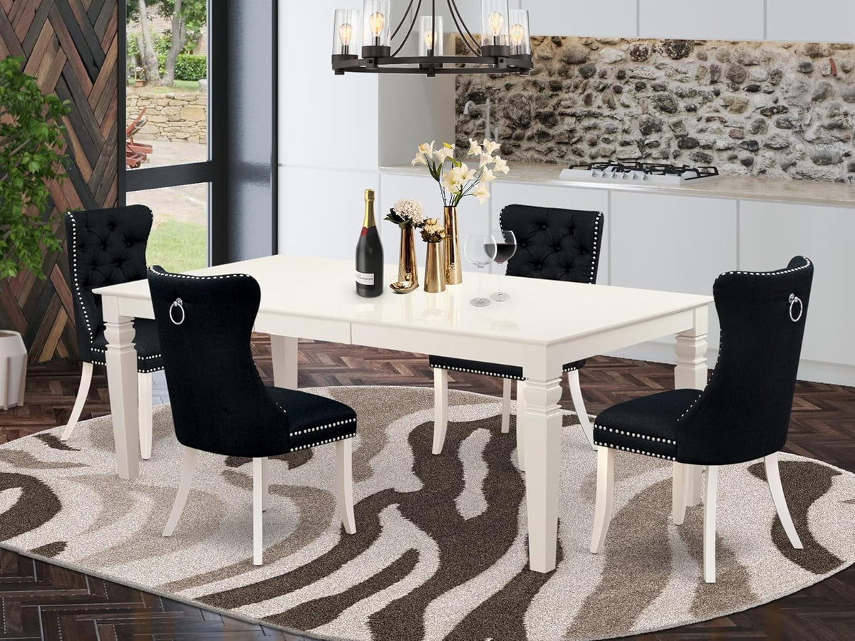 East West Furniture LGDA5-LWH-24 5 Piece Dining Table Set Includes a Rectangle Wooden Table with Butterfly Leaf and 4 Polyester Fabric Upholstered Chairs, 42x84 Inch, linen white