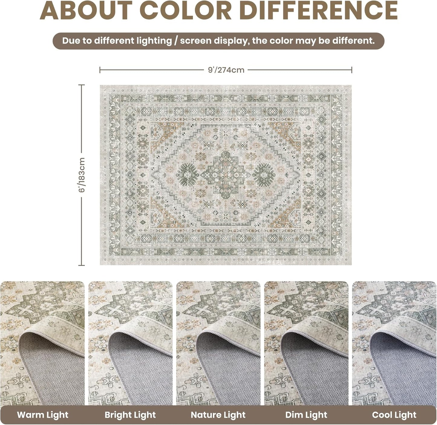 zesthome 6x9 Area Rug, Super Soft Washable Rugs for Living Room, Non-Slip Stain Resistant Vintage Rugs, Ultra-Thin Large Area Rugs (Brown/Grey,6'x9')