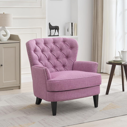 Ball & Cast Accent Chair,Mid-Century Lounge Living Room Chairs with Button Tufting,Upholstered Reading Accent Chair W/Solid Wood Legs and Curved Backrest,for Bedroom,Apartment,Pink