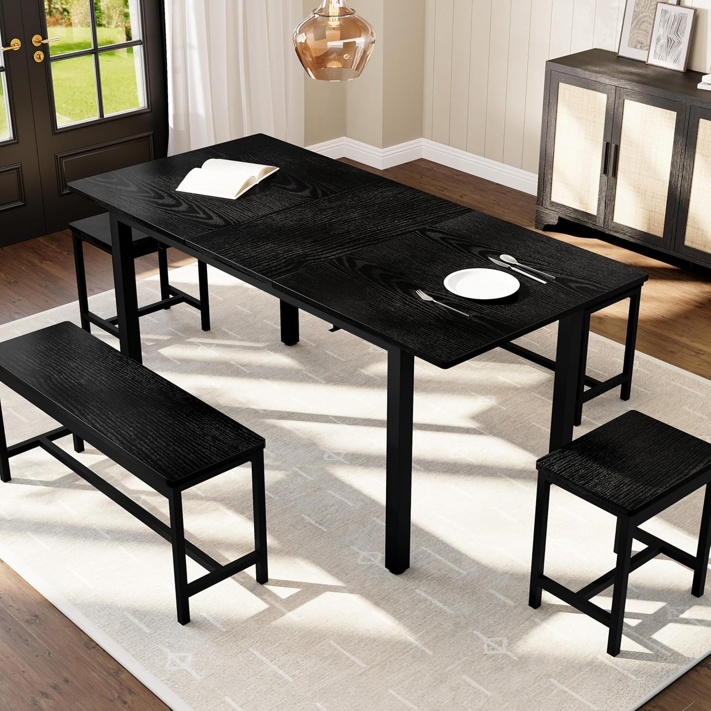 Garvee 5 PCs Extendable Dining Table Set for 4-8 People, 63 Inch Kitchen Table with 2 Benches & 2 Stools, Modern Dining Room Furniture, Easy Assembly Metal Frame