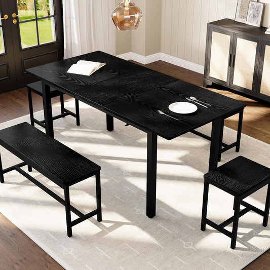 Garvee 5 PCs Extendable Dining Table Set for 4-8 People, 63 Inch Kitchen Table with 2 Benches & 2 Stools, Modern Dining Room Furniture, Easy Assembly Metal Frame