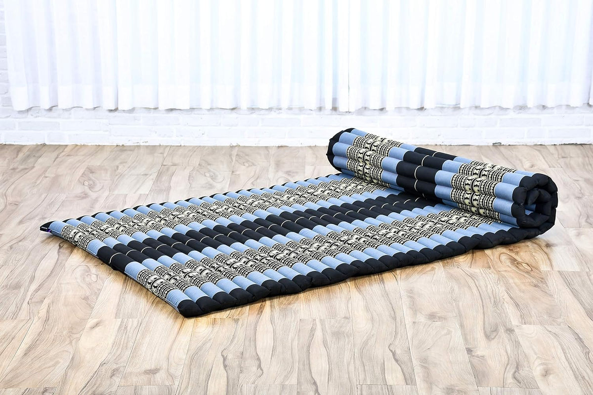 Leewadee - Foldable Floor Mattress - Japanese Roll Up Futon -Trifold Tatami Mat- Guest Floor Bed - Camping Mattress - Thai Massage Mat, Kapok Filled, 75 x 39 inches, Blue