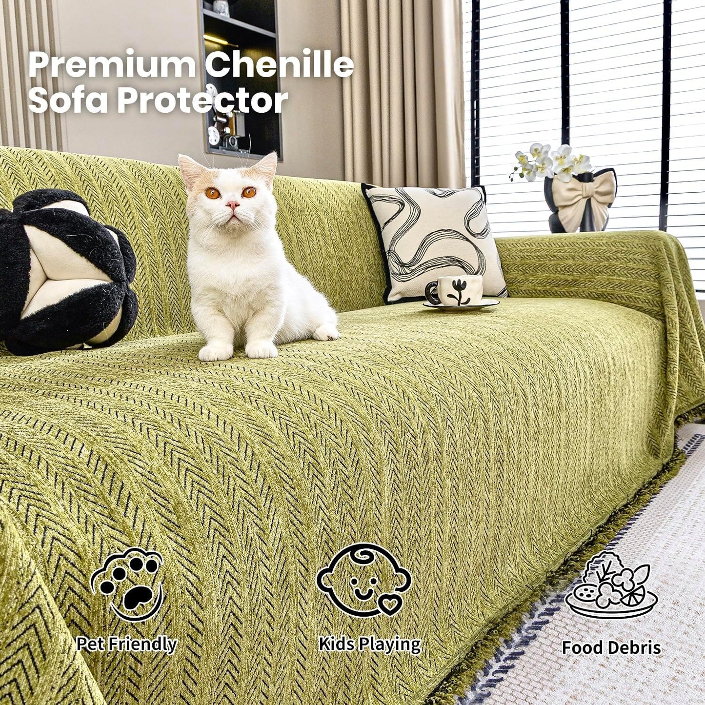Nobildonna Sofa Cover Washable Soft Thicken Chenille Couch Cover with Tassel,Waterproof Sofa Slipcover for 3-4 Cushion Couch,Sectional Sofa,L-Shaped Furniture Protector Pet-Friendly,Green 71"x150"