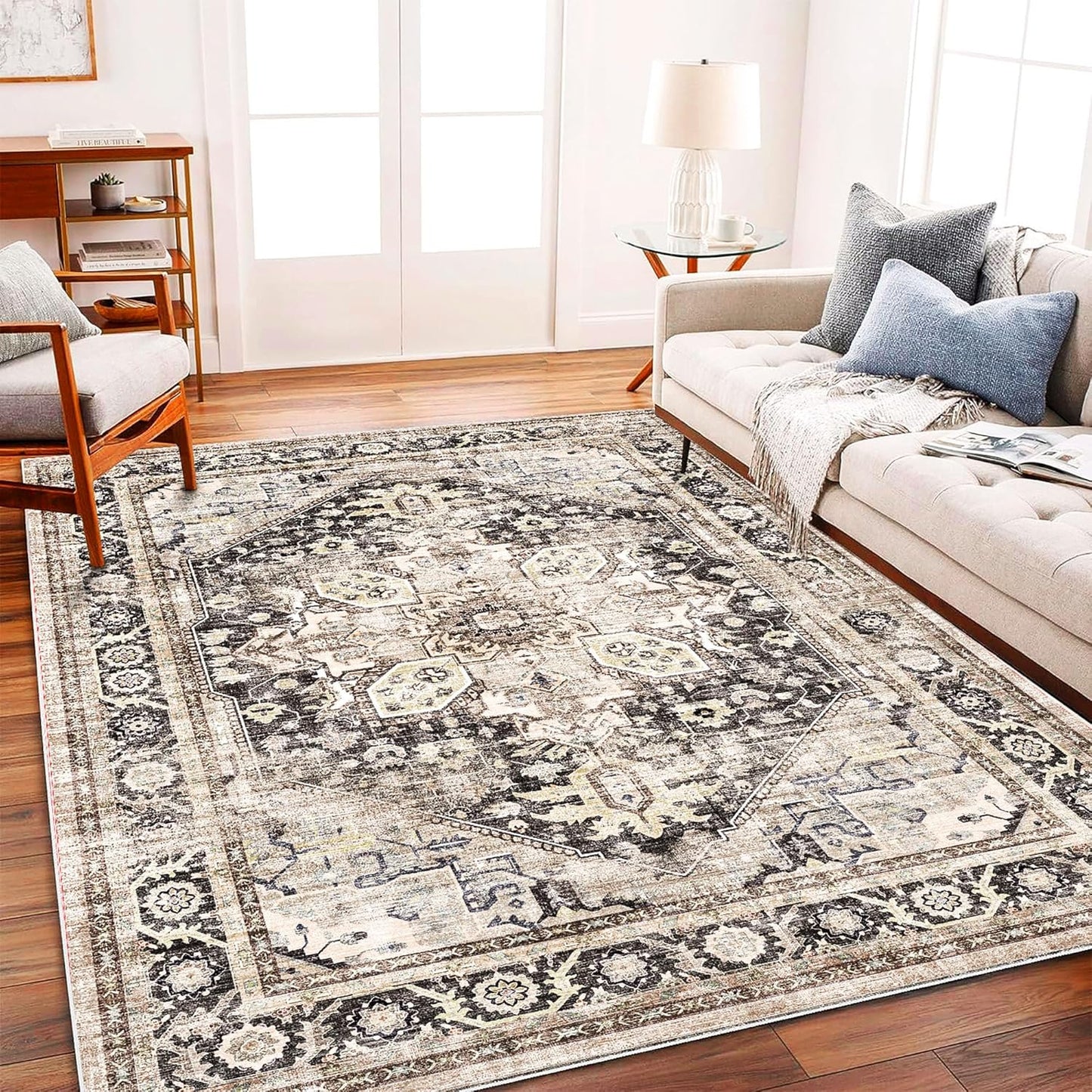 Area Rug 6'x9' Black-Purple Khaki Washable Vintage Traditional Floor Cover Thin Retro Kitchen Indoor Distressed Non Slip Carpet for Living Room Bedroom Dining Room