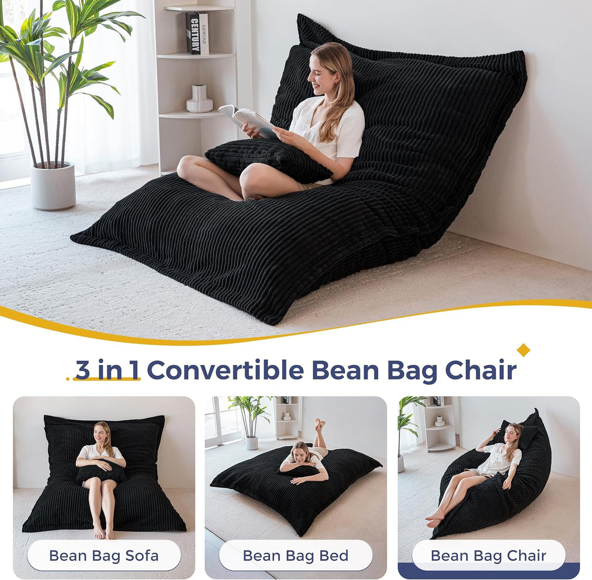 MAXYOYO Giant Bean Bag Chair with Pillow, 3 in 1 Convertible Bean Bag Chair for Adults with Washable Cover, Removable Floor Cushion Stuffed Floor Lounger for Living Room Bedroom, Black, Queen