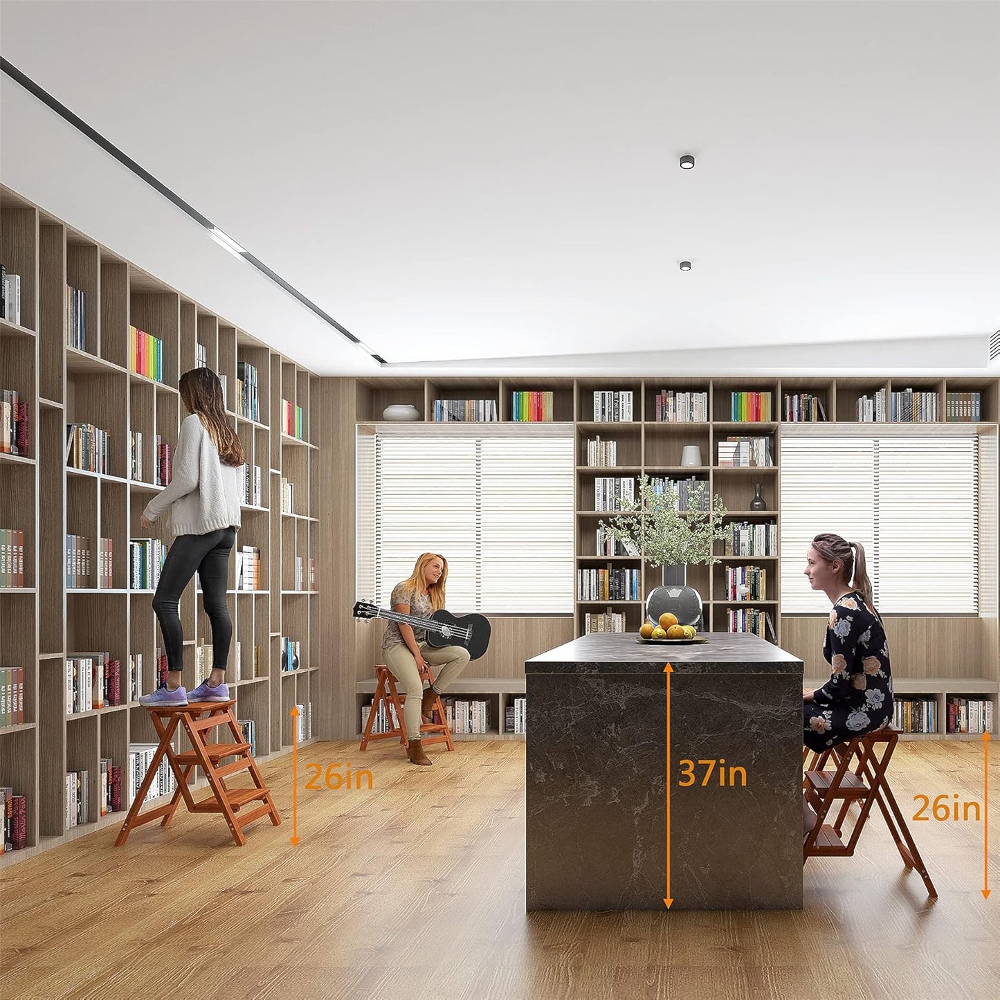 KINGBO Step Stool for Adults/Step Ladder/Counter Chair, 3-Step Folding Portable Wooden Step Stool, Anti-Slip & Lightweight (Nut - Brown)