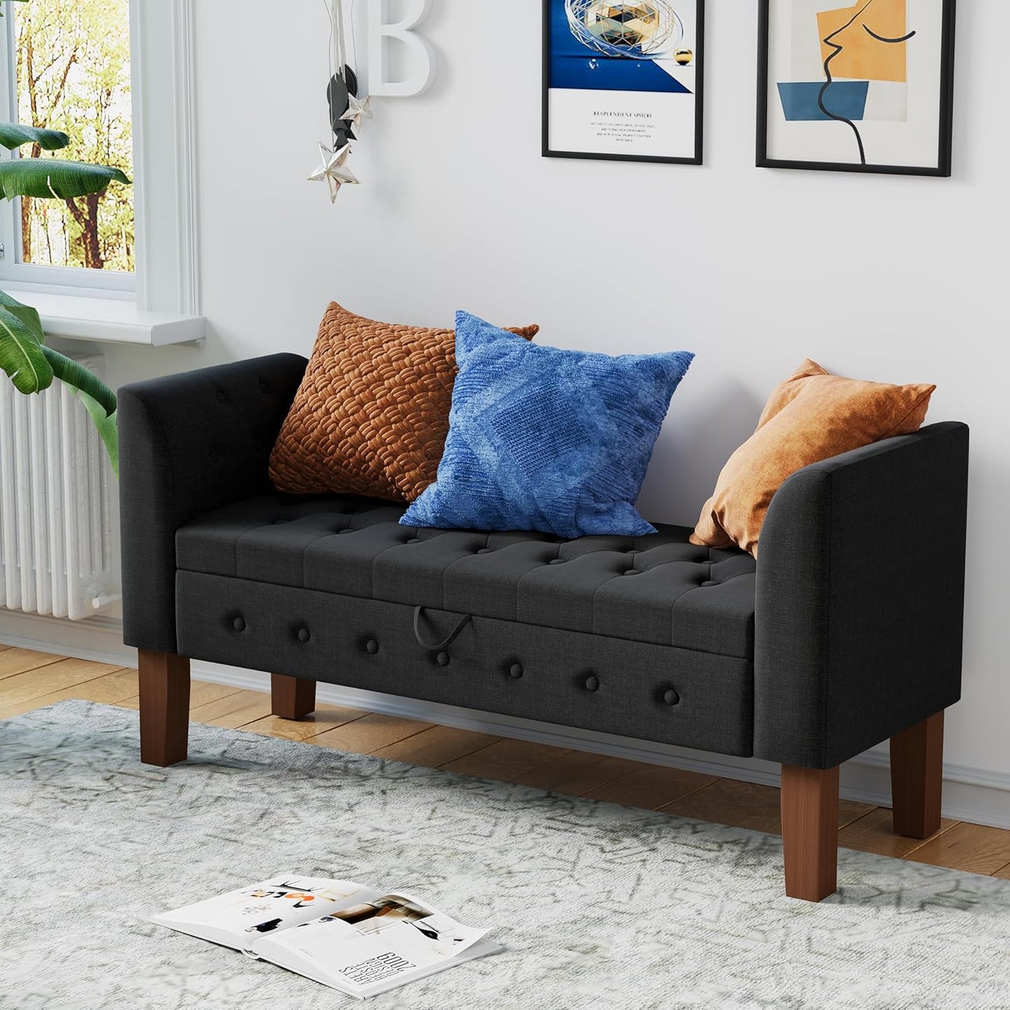 Awonde Storage Bench for Bedroom End of Bed Button Tufted Upholstered Bench Storage Ottoman Bench with Arms 52" Settee Bench Gray Linen