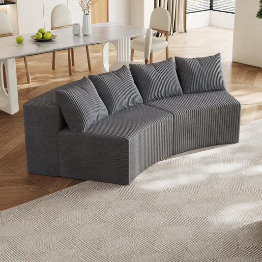 KEIKI Corduroy Curved Sectional Sofa, 2 Seater Symmetrical Modular Semi Circular Couch, Deep Seat Tufted Corner Sofa for Living Room, Lobby, Gray