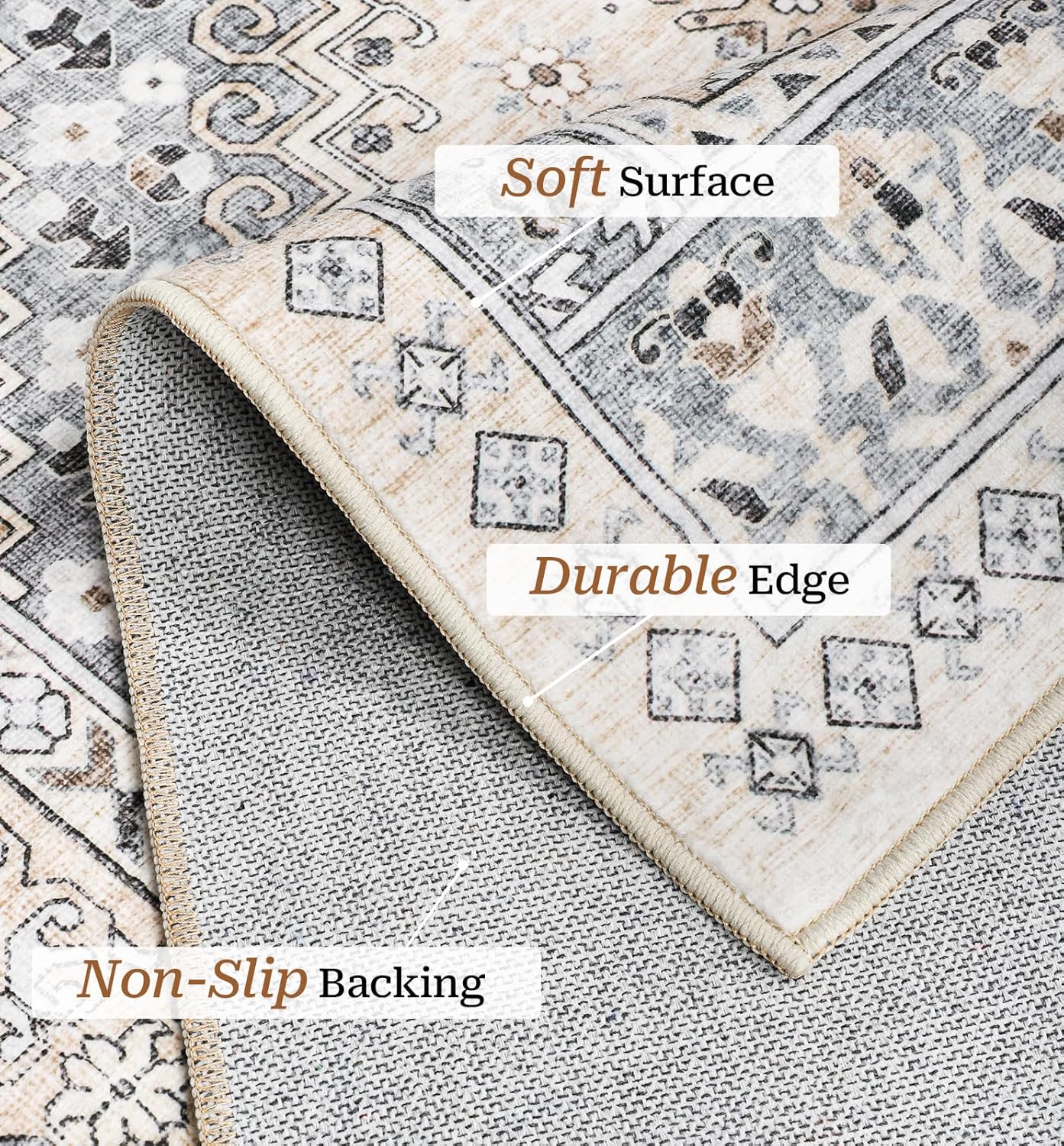 zesthome 5x7 Area Rugs - Ultra-Thin Washble Rug, Stain Resistant Anti Slip Backing Rugs for Living Room,Bedroom, Vintage Home Decor Area Rug (Beige,5'x7')