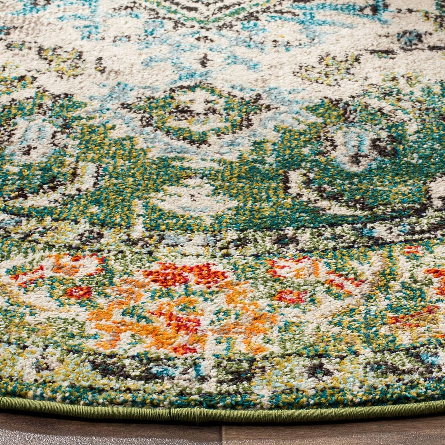 SAFAVIEH Monaco Collection Area Rug - 8' Round, Forest Green & Light Blue, Boho Medallion Distressed Design, Non-Shedding & Easy Care, Ideal for High Traffic Areas in Living Room, Bedroom (MNC243F)