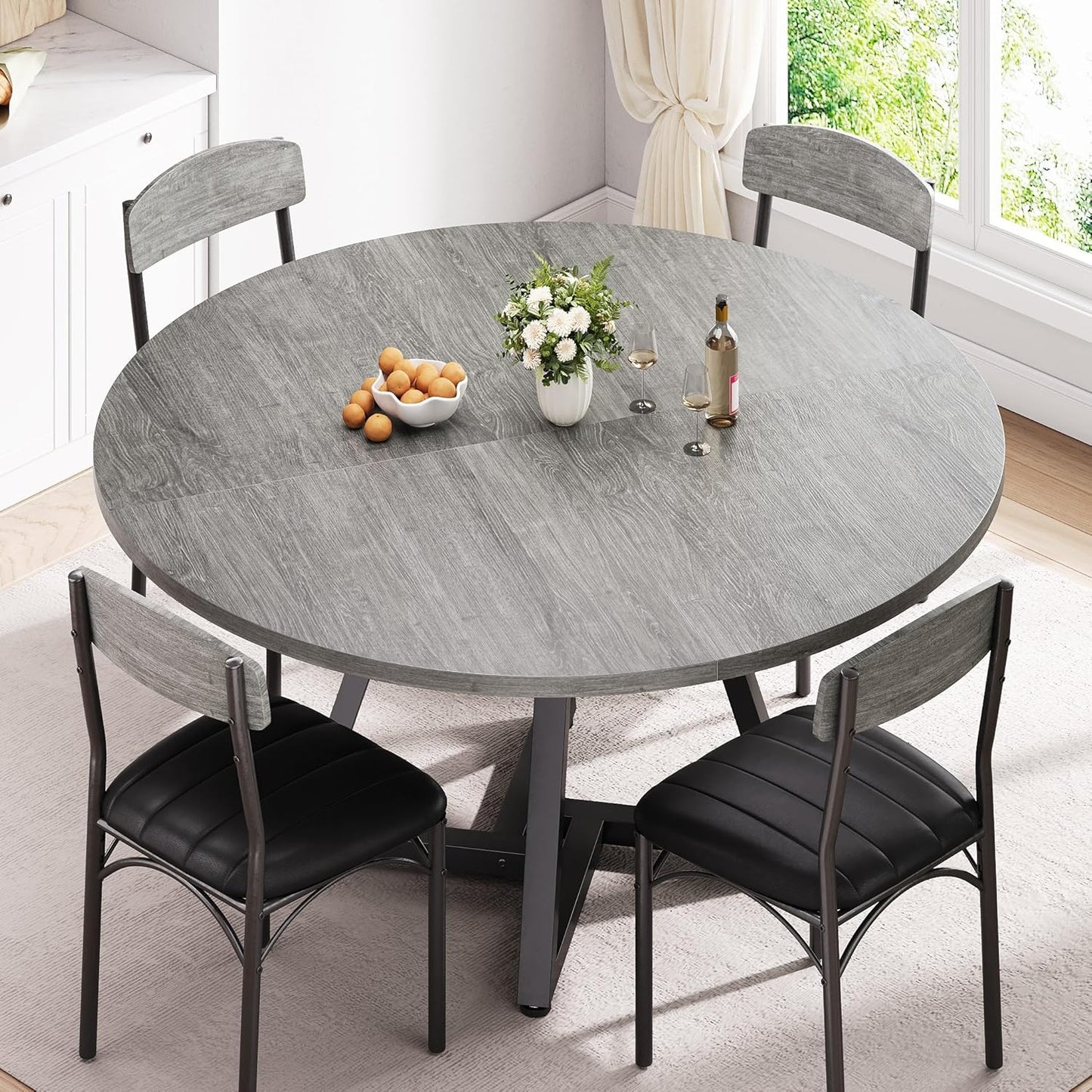 Round Kitchen Dining Room Table Circle Dining Dinner Table with Pedestal Metal Frame, Space Saving Wood Industrial Furniture for Small Space (Grey, 47IN)