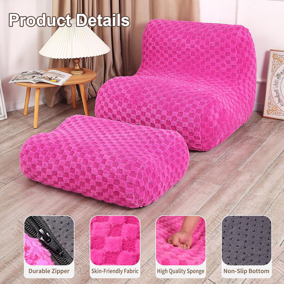 Bean Bag Chair with Footstool, Comfy Reading Sofa Chair for Adults, Modern Floor Sofa for Livingroom, Bedroom, Pink