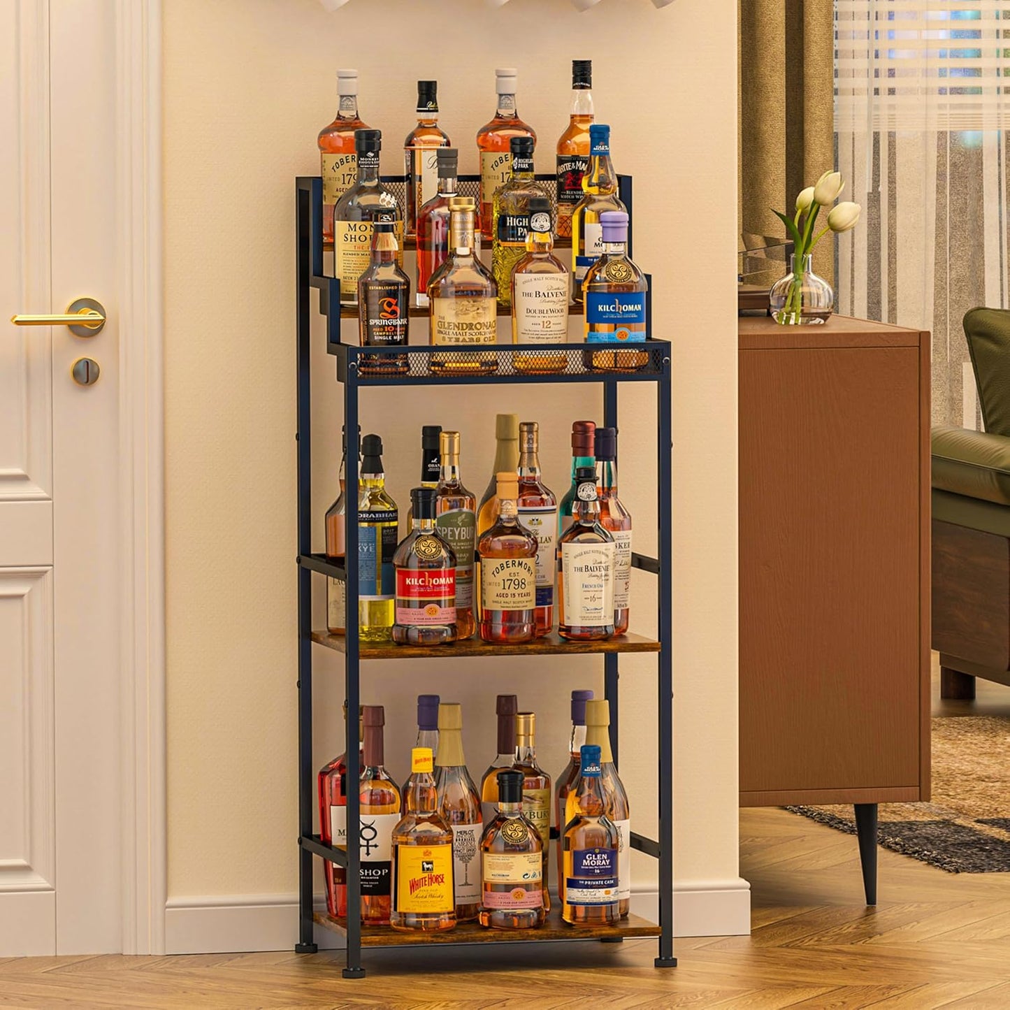 Trapezoidal Liquor Cabinet Bar for Home, Stepped Wine Rack Freestanding Floor, Corner Syrup & Whiskey Stand, Large-Capacity Alcohol Bottle Storage Display Shelf Living Room, Patent Pending