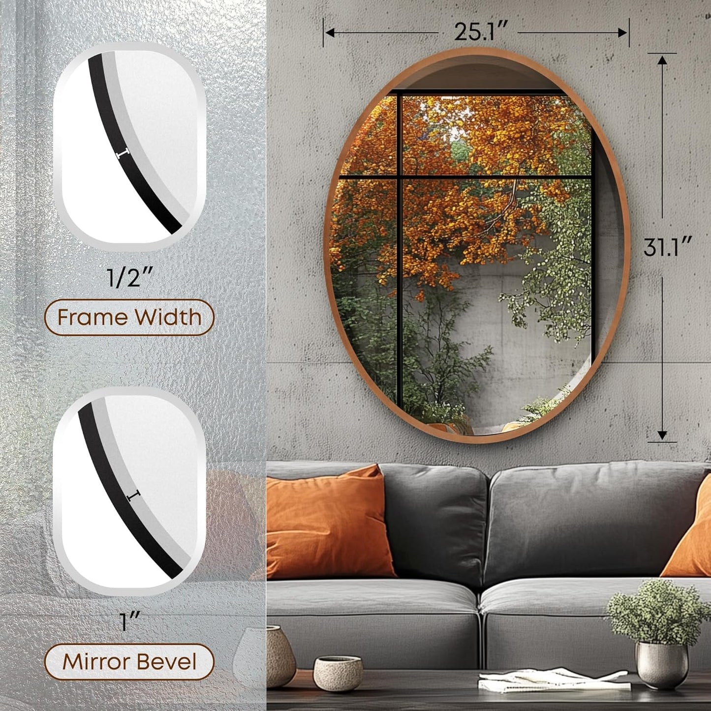 OVALCREST - Oval Wooden Beveled Wall Mirror for Home Decor, Bathroom, Vanity, Bedroom, Living Room, Hallway - London Style (Gold Spray) 25.1 x 31.1