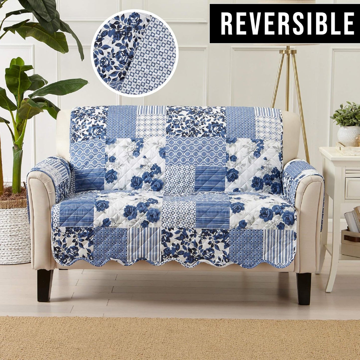 Great Bay Home Patchwork Scalloped Printed Furniture Protector Stain Resistant Loveseat Cover (Loveseat, Navy)