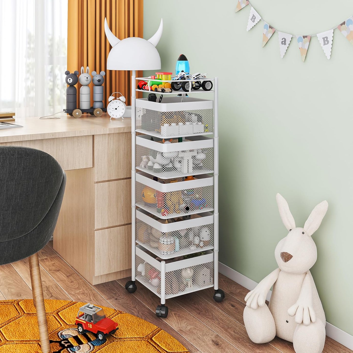 Fruit Basket for Kitchen No Assembly,Rotating Kitchen Storage Rack,Bathroom Shelf, Organizers and Storage Cart on Rolling Wheels，Potato and Onion Storage Organizer(White, 5 Tier-Square)