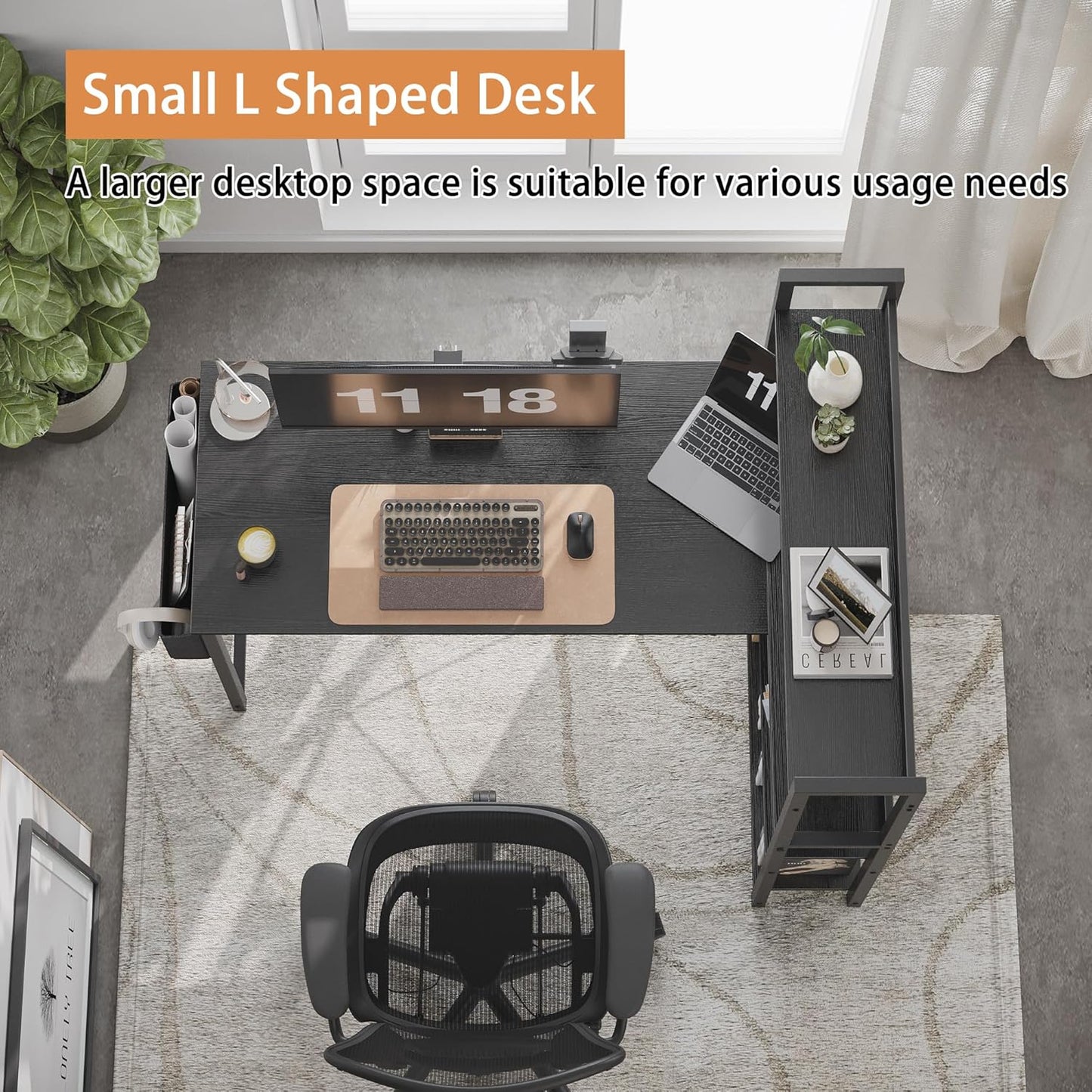 Treesland 55 Inch Computer Desk with Storage Shelves, L Shaped Desk with Storage, Corner Desk with Storage, Home Office Desks, Bookshelf Desk, Writing Study Desk for Bedroom, Black