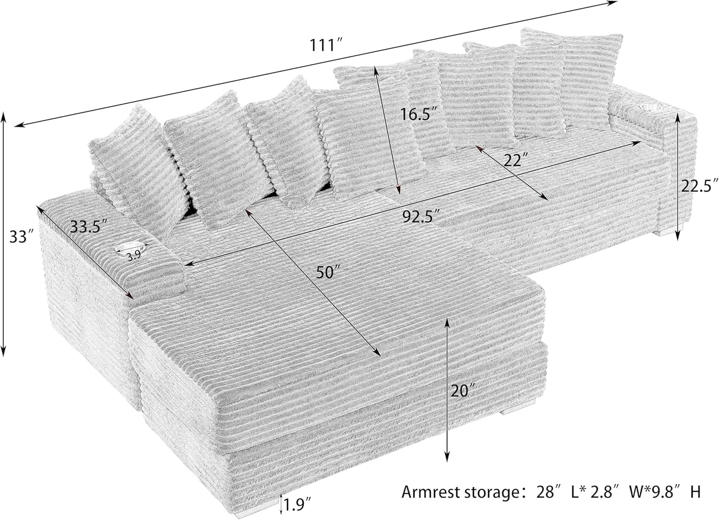 KEIKI 114" Corduroy Sofa with Cup Holders & Storage, L Shaped Sleeper Cloud Couch Set w/Reversible Chaise Lounge, Living Room Oversized Upholstered SofaBed for Apartment, Easy Assembly, Green