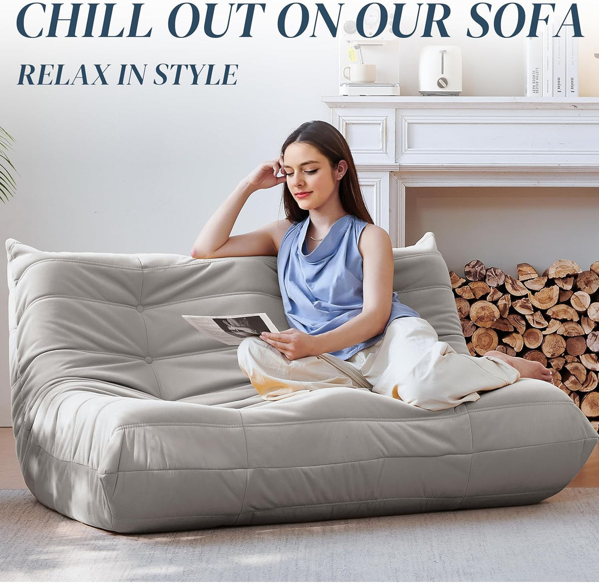 Bean Bag Chair, Loveseat Fireside Chair Bean Bag Sofa for Adults, 2 Seater Bean Bag Chairs for Teens with High-Resilience Foam, Memory Foam Bean Bag for Living Room, Bedroom, Office (Suede,Light Gray)