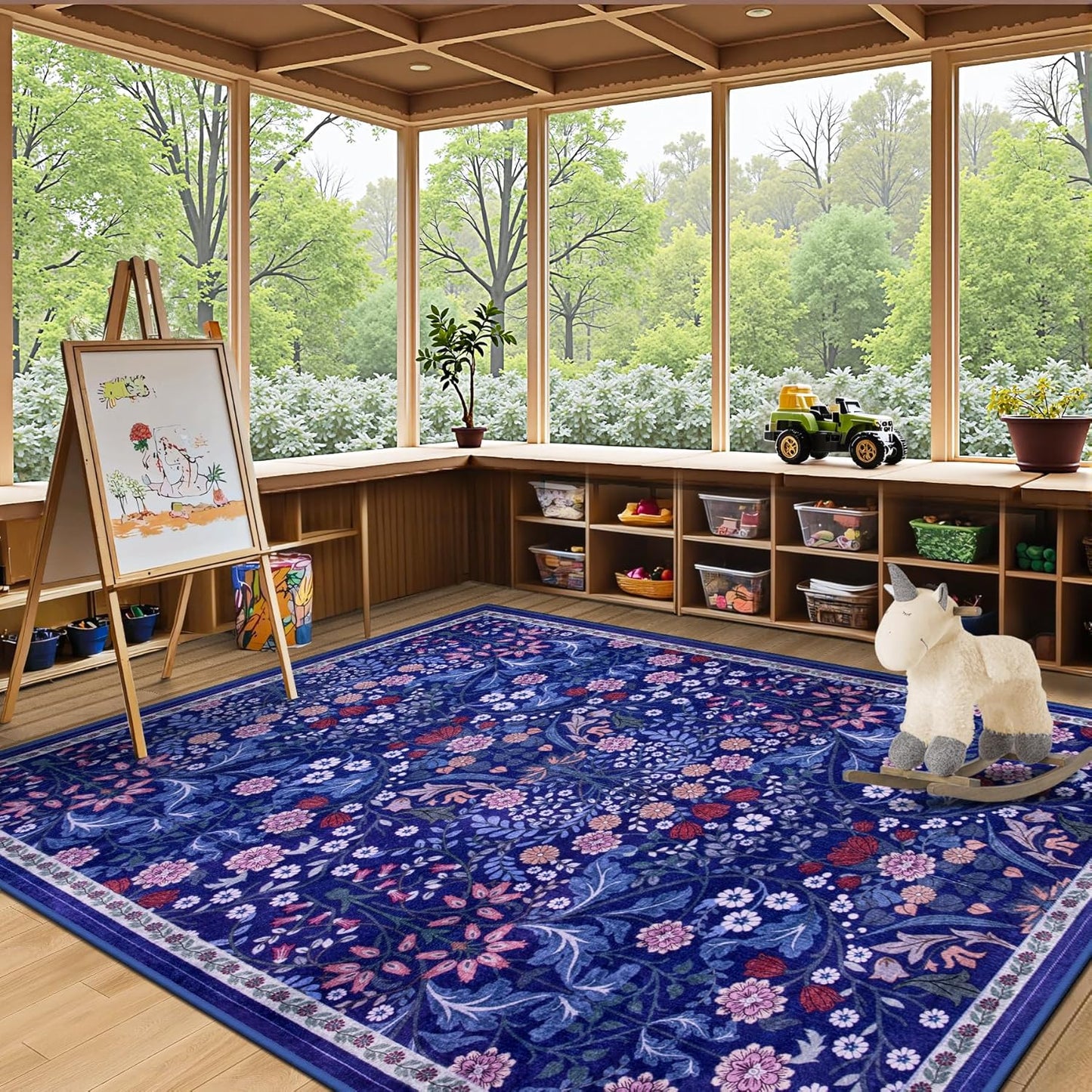 Area Rug Living Room Rugs: Floral 5x7 Washable Rug Vintage Soft Boho Non-Slip Carpet Indoor Floor Stain Resistant Large Carpets for Bedroom Dining Room Farmhouse Nursery Hallway Home Office Blue