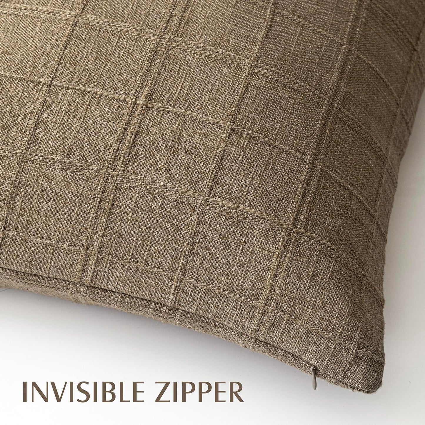 Foindtower Set of 2 Decorative Linen Check Throw Pillow Covers Neutral Farmhouse Lumbar Cushion Covers Modern Boho Home Decor for Sofa Chair Couch Bedroom Living Room Outdoor,12×20 Inch,Light Brown